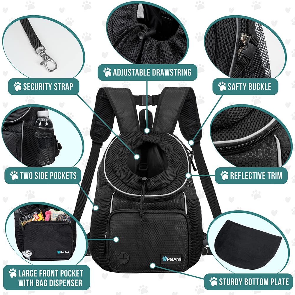 PetAmi Front Carrier Backpack for Dogs and Cats, Adjustable Ventilated Pet Chest Carrier for Hiking, Camping, Travel, Small to Medium Pets, Max 15 lbs, Black