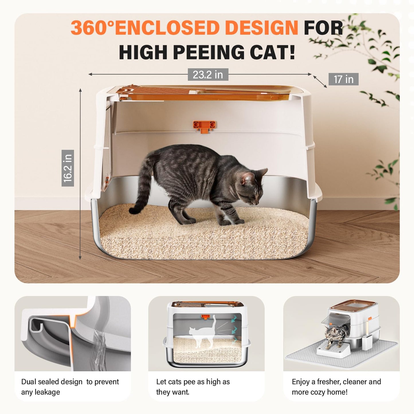 HTii-ë® Stainless Steel Cat Litter Box, Extra Large Box for Cats, Enclosed Metal Kitty Litter Box with Litter Scooper, Odor-Urine-Proof, Non-Sticky, Easy Rinse Cleaning (White)