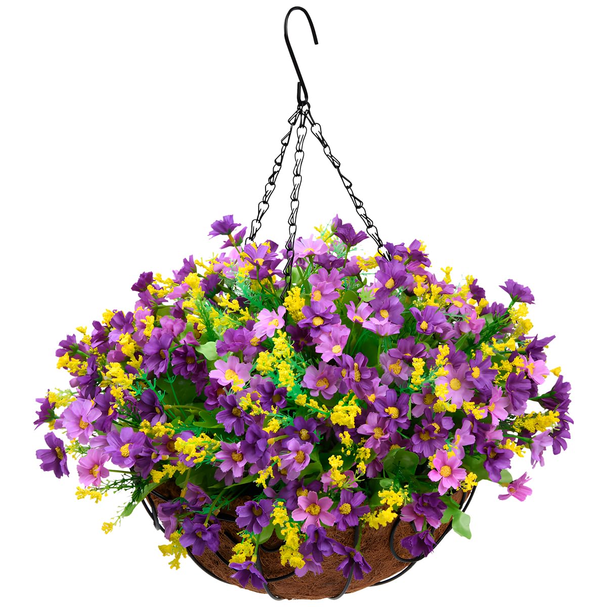 Homsunny Artificial Hanging Flowers in Basket Outdoor Indoor Patio Lawn Garden Decor, Hanging Daisy Basket with 12inch Coconut Lining Chain Flowerpot (Dark Purple)