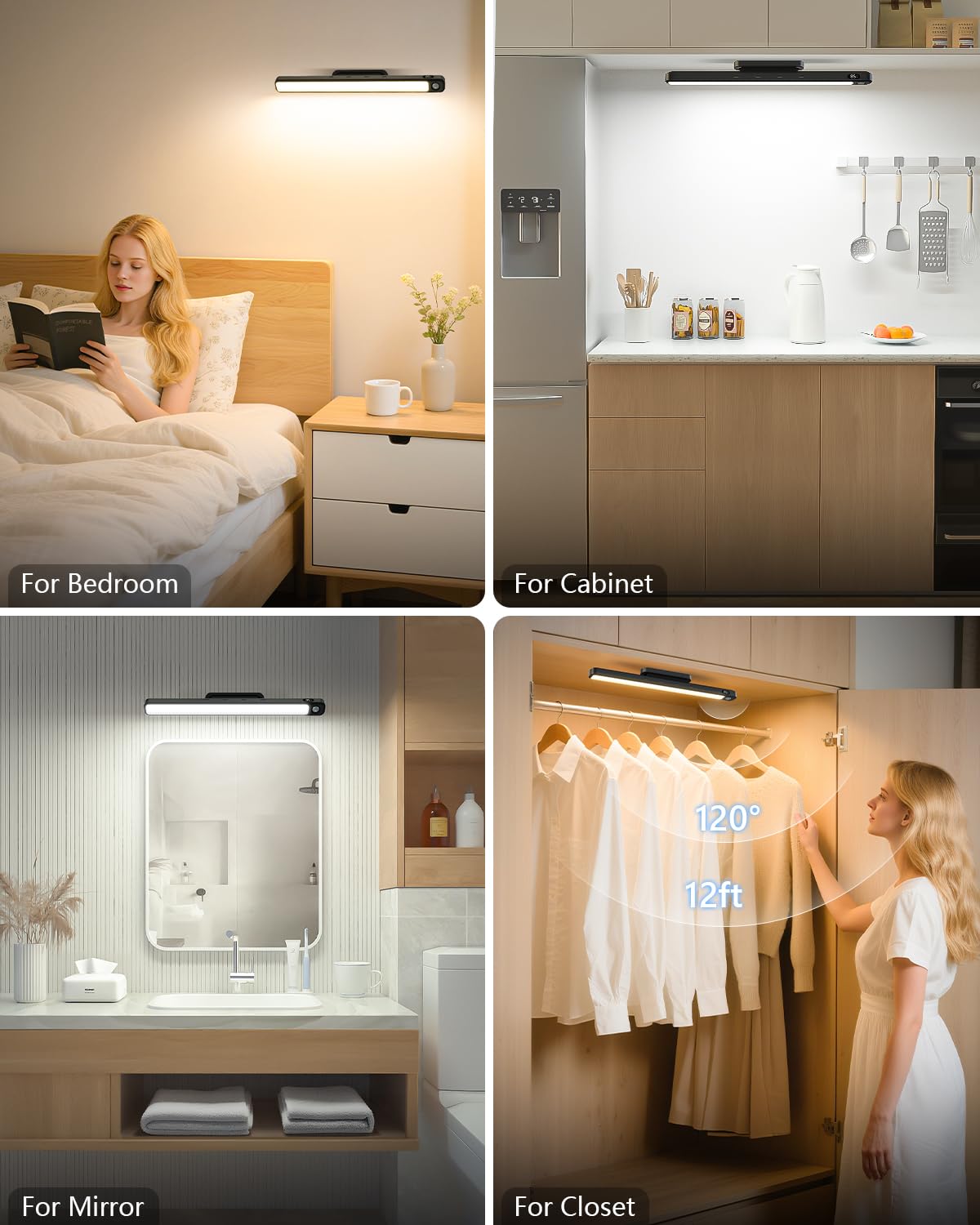 FERSWE 5W Under Cabinet Lighting, Rechargeable Motion Sensor Lights Indoor, Eye-Friendly Mirror Light with Battery Display, Rechargeable Light Bar for Cabinet, Closet, Bathroom and Kitchen