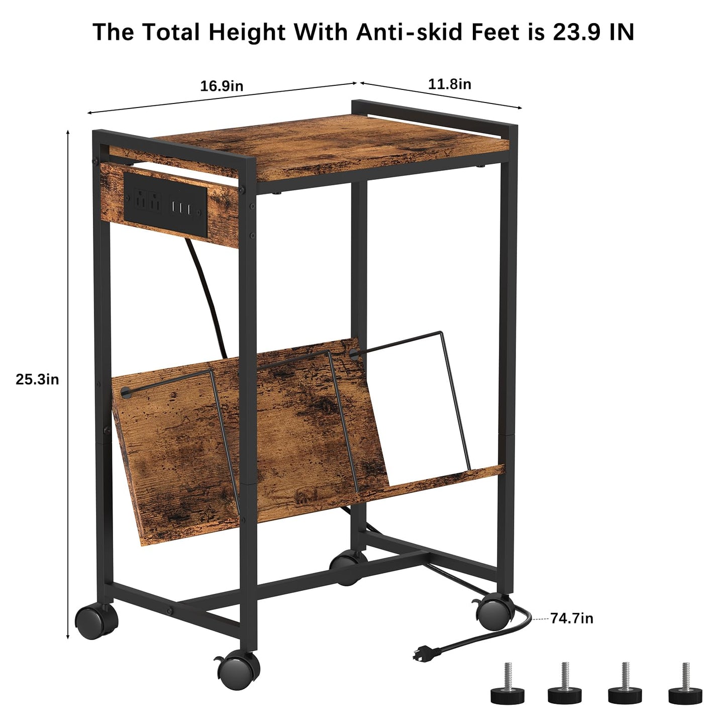 Printer Stand 2-Tier Printer Cart with Storage Shelves Printer Table with Charging Station Rolling Printer Shelf on Wheels Industrial Printer Holder Stand End Table Side Table for Home Office, Brown