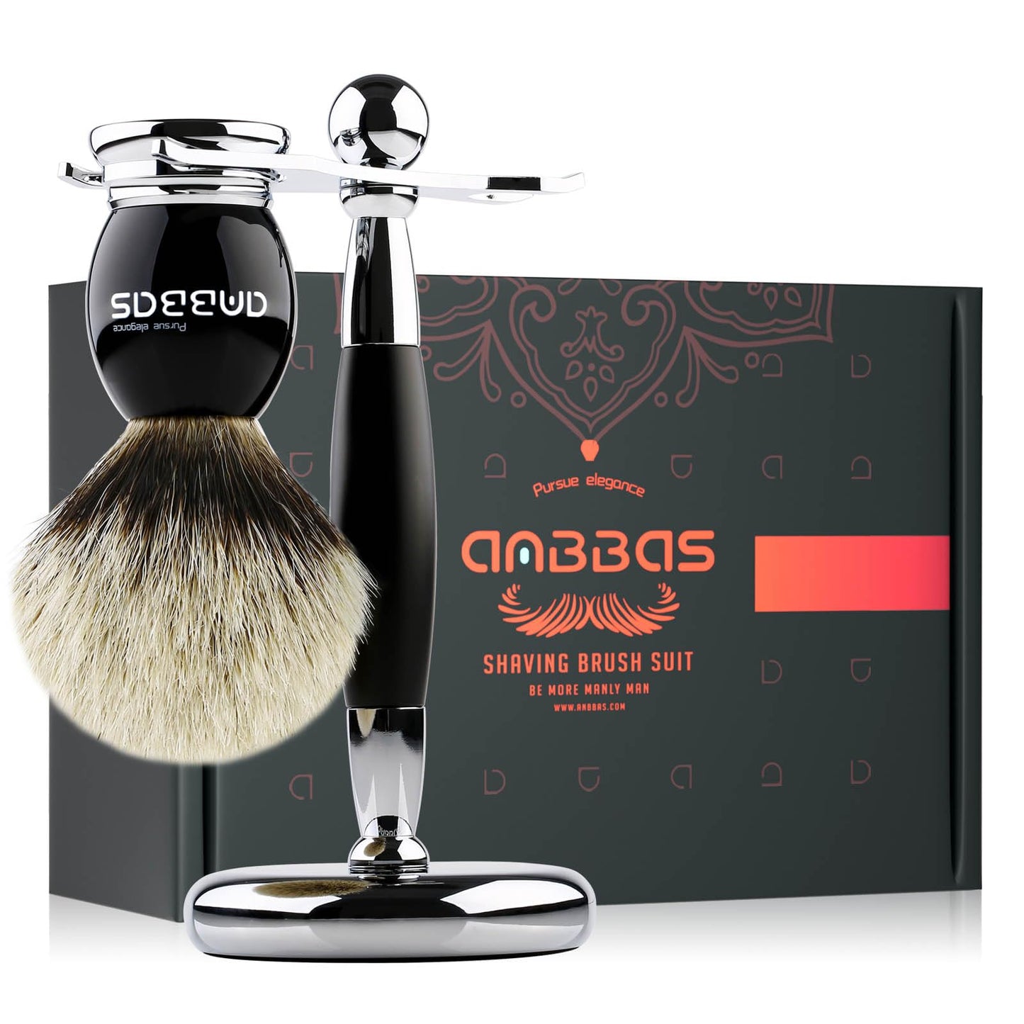 Anbbas Shaving Brush and Stand,Silvertip Badger Hair Brush Black Resin Alloy Handle with Stainless Steel Shaving Stand for Double Edge Safety Razor Straight Razor for Men