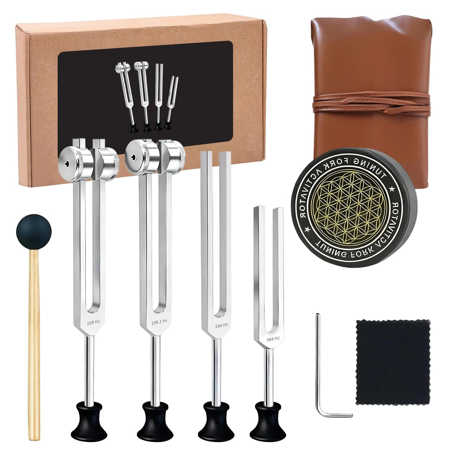 Tuning Forks Set - 128Hz, 136Hz, 256Hz, 384Hz, Chakra & Body Tuning Forks Kit with Activator and Pouch, for Meditation, Relaxation & Energy Balance
