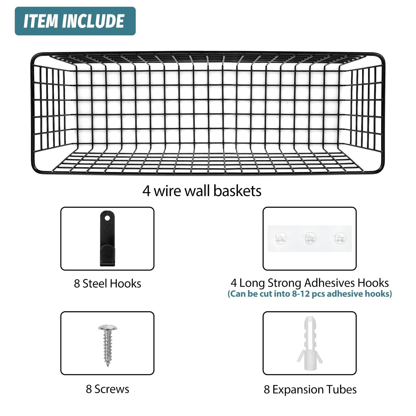 4 Set [Extra Large] Hanging Wall Basket for Storage, Wall Mount Sturdy Steel Wire Baskets, Metal Hang Cabinet Bin Wall Shelves, Rustic Farmhouse Decor, Kitchen Bathroom Organizer, Black