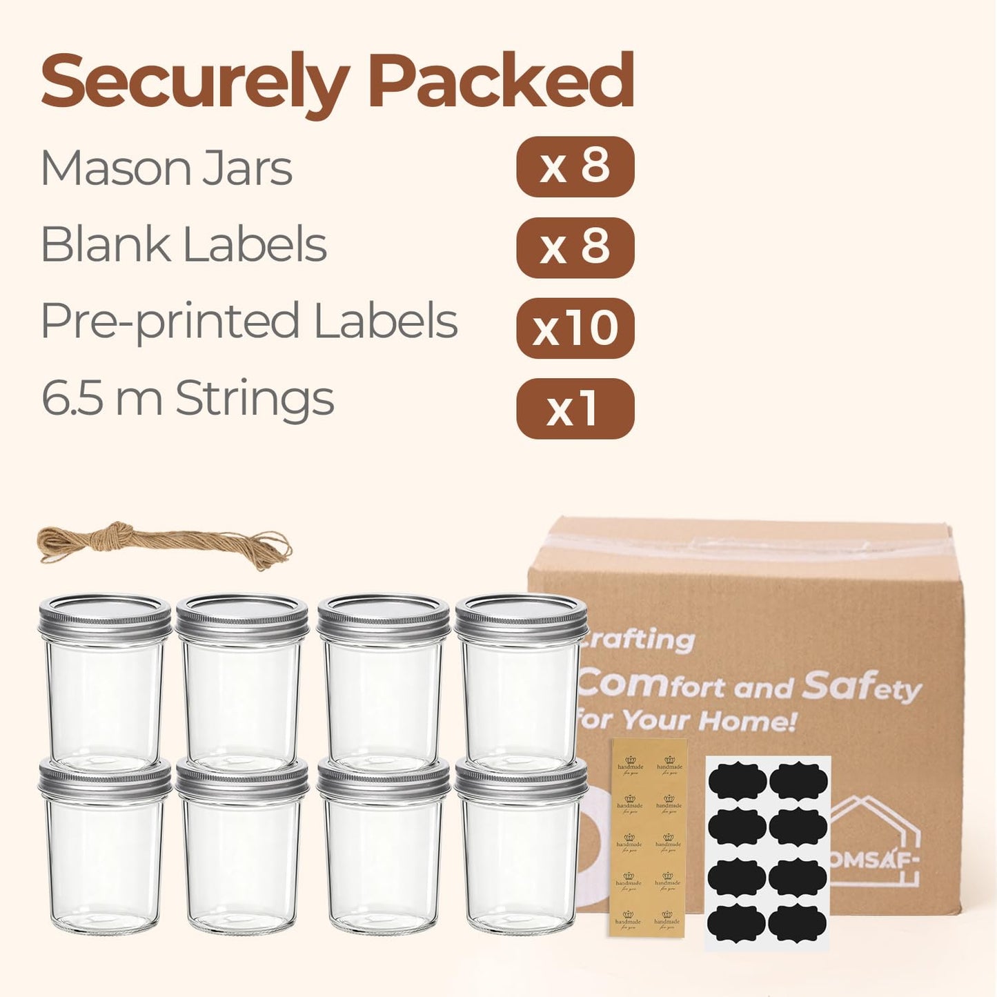 ComSaf Wide Mouth Mason Jars 16oz - 8 Pack, Pint Mason Jars with Lids and Seal Bands, Glass Canning Jars for Pickling, Jam, Jelly, Overnight Oats, Yogurt, Chia Pudding, Salad, Desert, DIY Candles