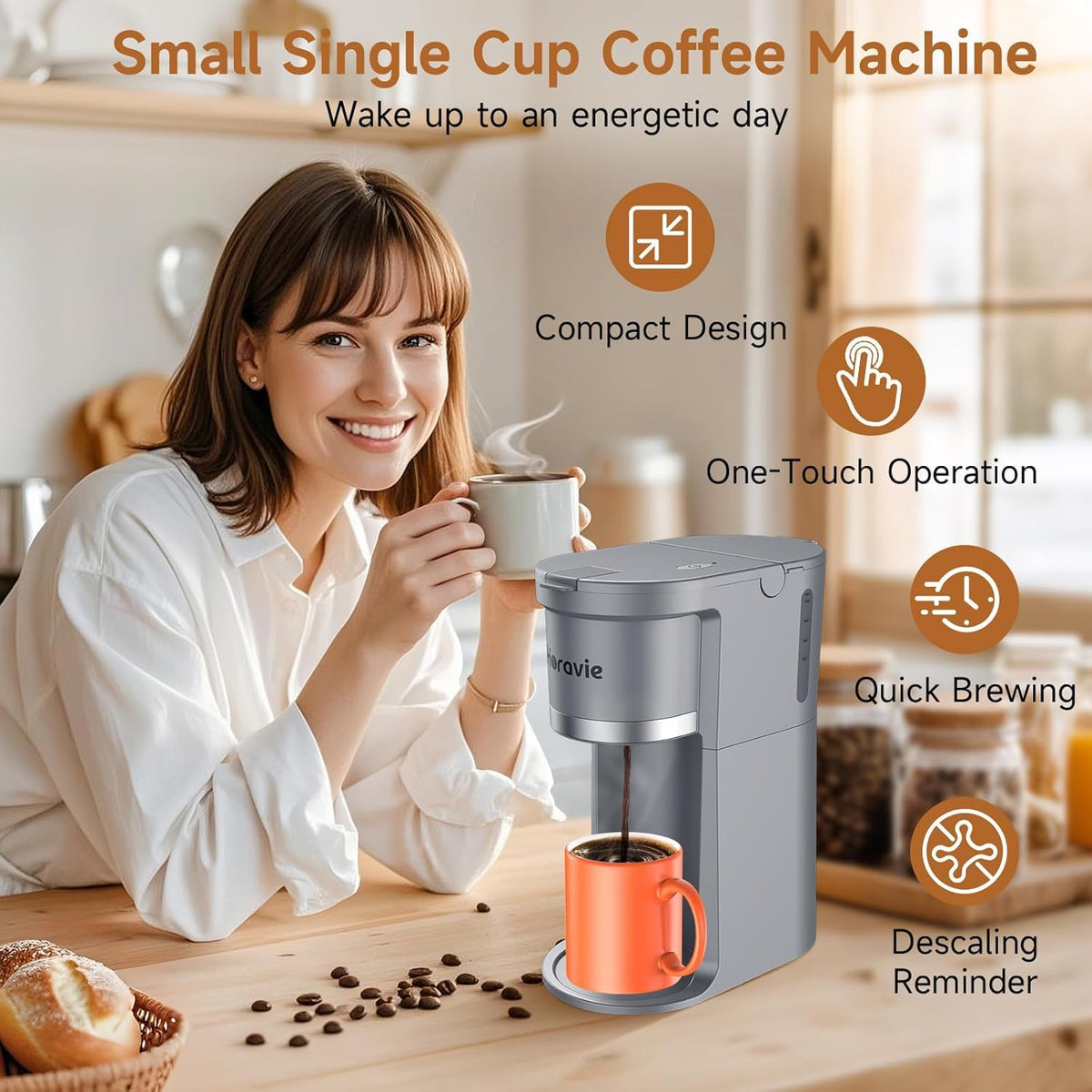 Small Single Serve Coffee Maker, Fast Brew One Cup Coffee Machine for K Cup and Grounds, 6 to 12 oz. Brew Sizes, Capsule Coffee Machine with Descaling Reminder and Viewing Tank, Grey