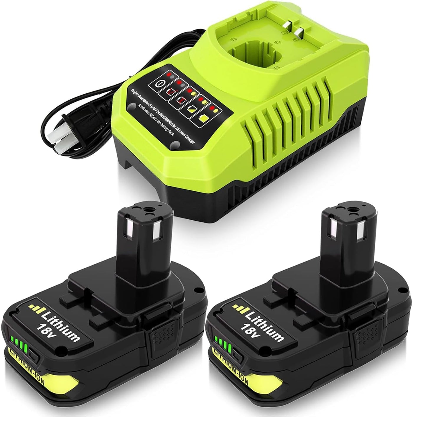 2Packs 18V 3000mAh Replacement Battery and Charger Compatible with Ryobi 18V Battery Lithium P102 P103 P104 P105 P107 P108 P109 P122 Battery Cordless Power Tools