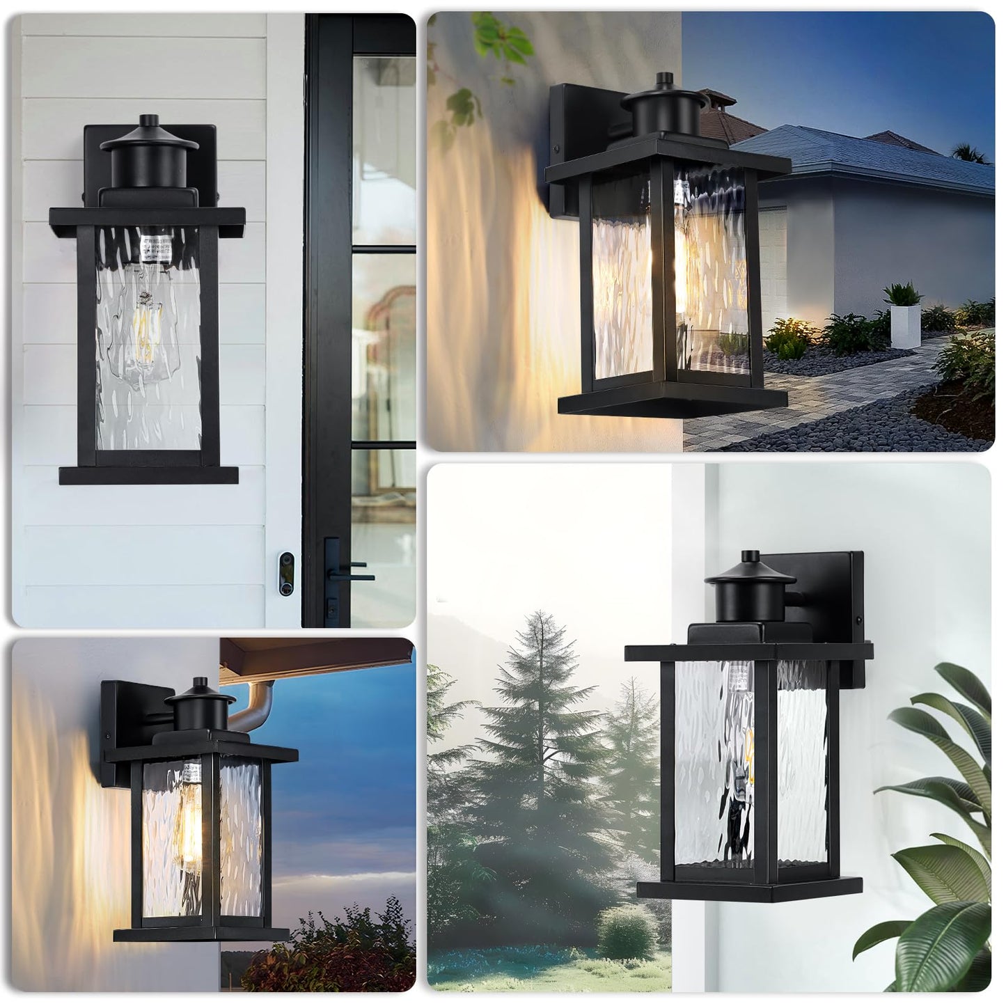 11.65'' Outdoor Light Fixture 2 Pack, Outdoor Wall Lights Exterior Wall Sconce with Water Ripple Glass, Waterproof Porch Light Lantern Wall Mounted, Modern Black Outside Lights for House Patio Garage