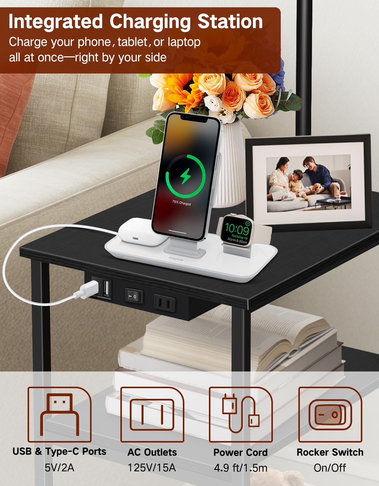 OUTONLIFE Floor Lamp with Table & Rattan Shade, Side End Table with Charging Station, Dimmable Nightstand with 3 Color Temperatures, 1-Hour Timer, 12W LED Bulb, for Living Room, Bedroom(Black)
