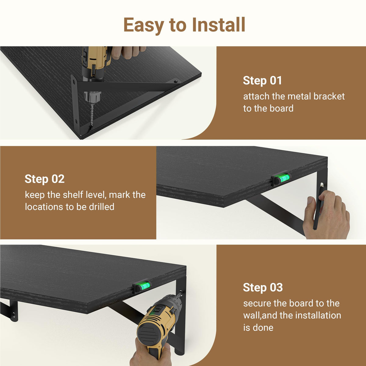 Heimlove 12 Inch Deep Black Floating Shelves，Wood Wall Shelves 16" W x 12" D Set of 2,Wall Mounted Shelves for Living Room, Bedroom, Kitchen, Bathroom,Closet and Decor Storage，Black Bracket