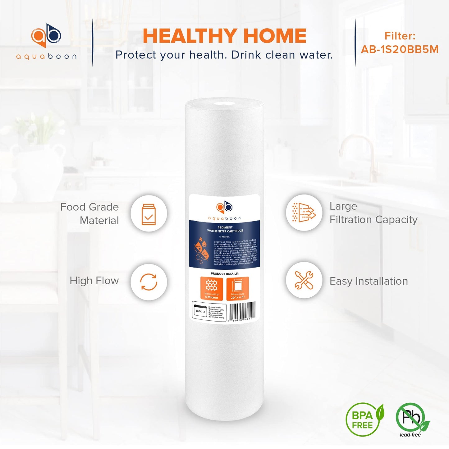 Aquaboon 5 Micron Well Water Filter Replacement 20 x 4.5 Whole House Sediment Filter Cartridge Compatible with DGD-5005-20, FP25B, AP810-2, 2-Pack