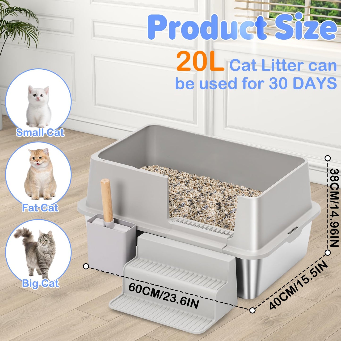 Large Top Entry Stainless Steel Litter Box with Lid,for Large Cats, with Removable Lid, Pedal and Scoop. Odor-Free, Easy to Clean, Anti-Urine Leakage, for Big/Multiple Cats (Grey)