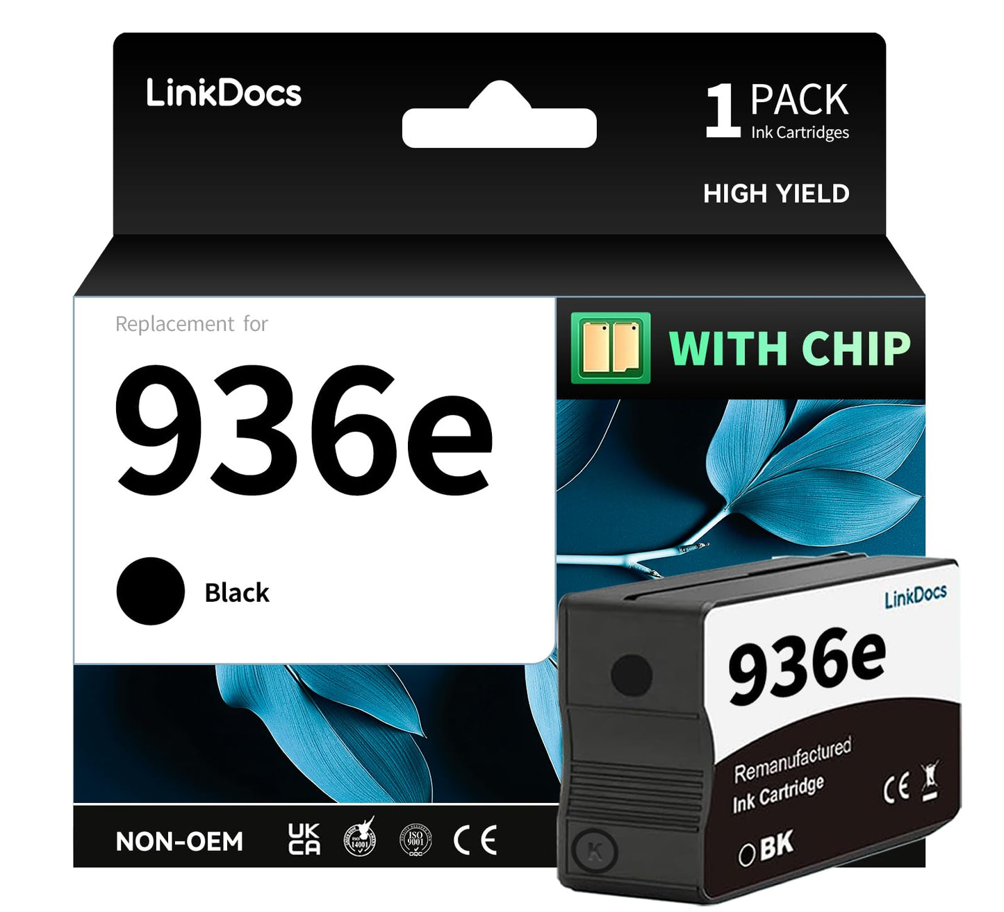 LinkDocs 936e Black Ink Cartridge (with Chip) Replacement for HP 936e 936 Compatible with HP OfficeJet Pro 9125e 9135e 9128e 9122e 9110b 9130b 9730e 9730 Printers (Black, 1-Pack)