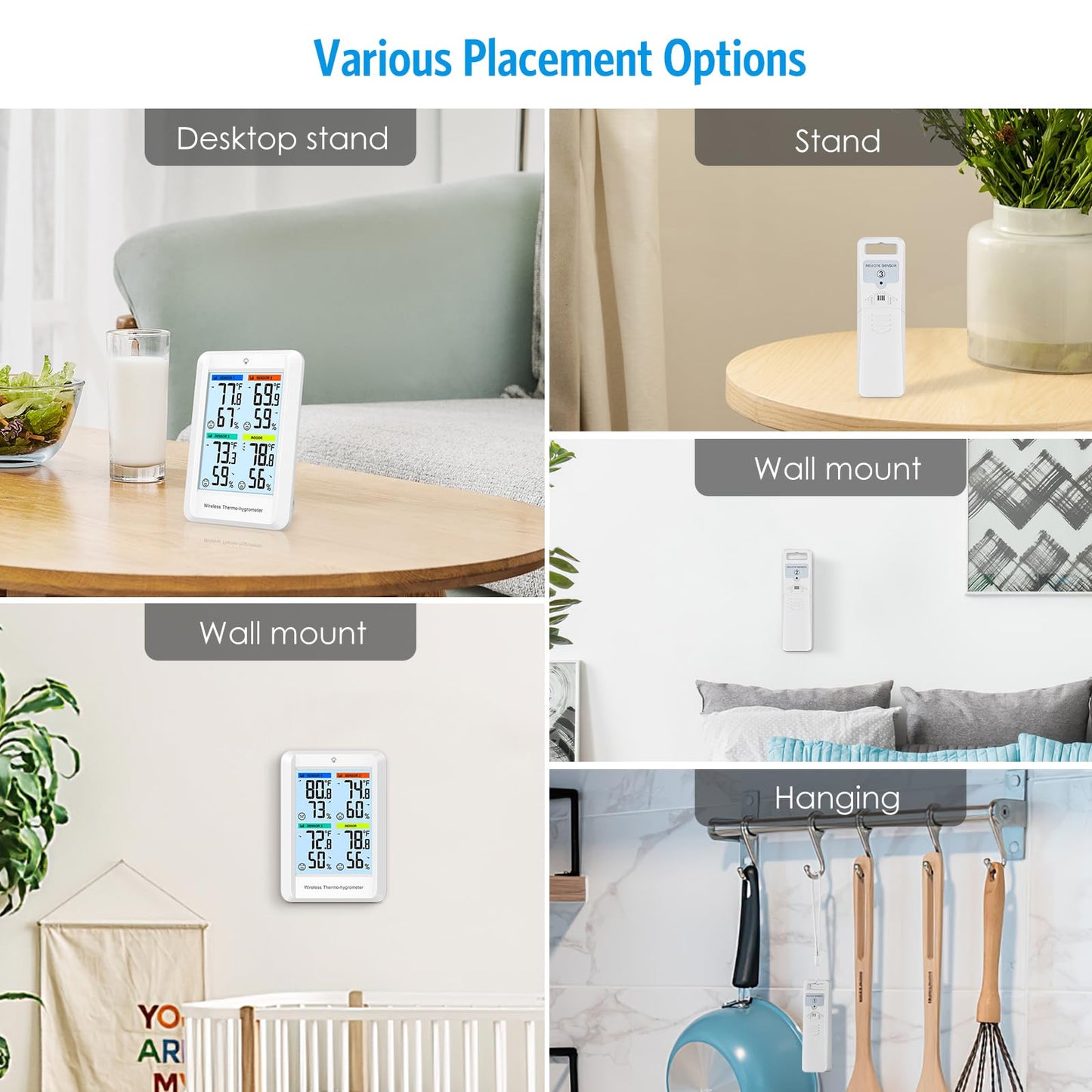 AMIR Digital Weather Station, Digital Hygrometer Thermometer with 4in Large Screen Clear Backlight, Indoor Outdoor Thermometer with with 3 Remote Sensors, Thermometer Humidity for Home Patio(White)