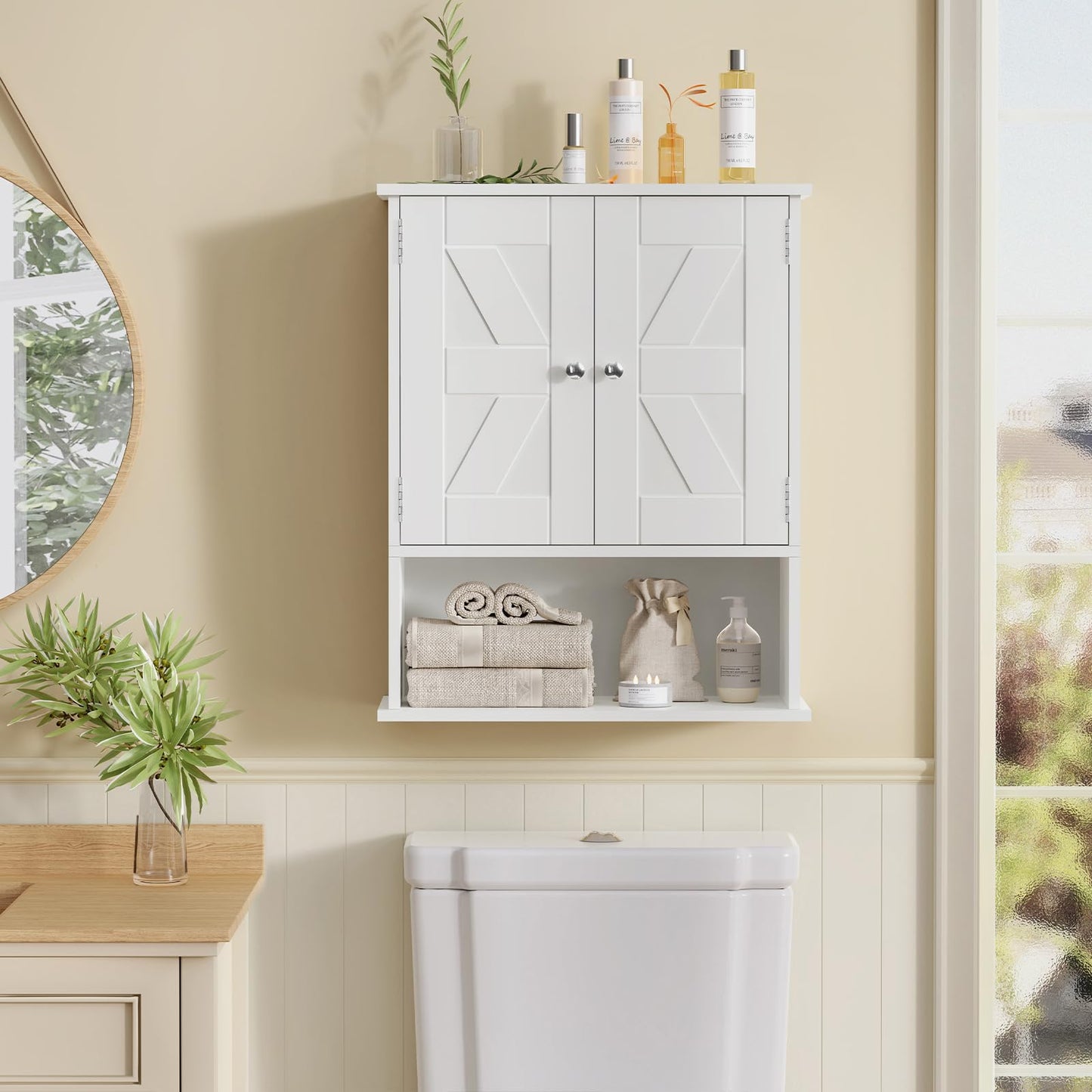 FIONESO Small Bathroom Wall Cabinet, Bathroom Cabinet with Barn Doors & Adjustable Shelf, Over the Toilet Storage Cabinet, Medicine Cabinet, for Laundry Room, 18D x 39W x 49H cm, White