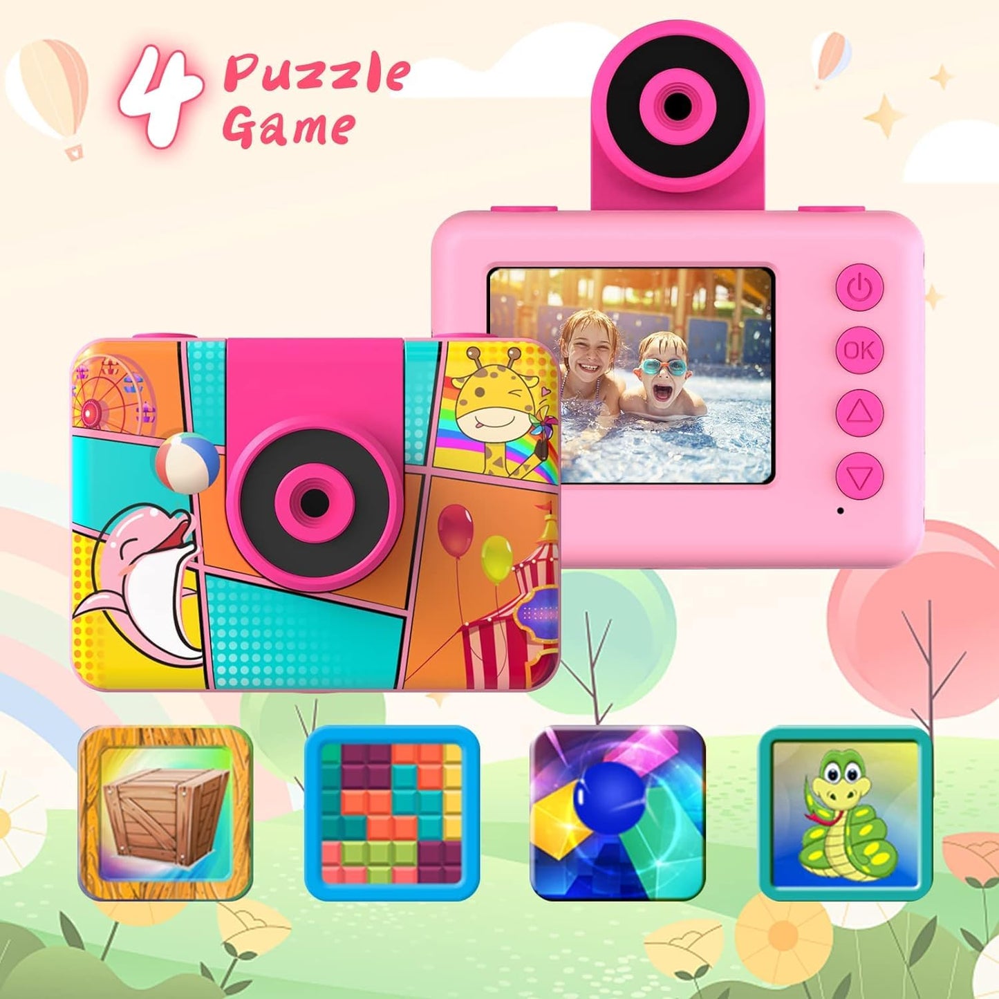 CHAKEYAKE Kids Digital Camera, 1080P HD Kids Waterproof Camera with Flip Len, Children Underwater Sport Action Camera for Outdoor Helmet with SD Card 32GB, Kids Birthday Gift for 3-12 Years Old Girls