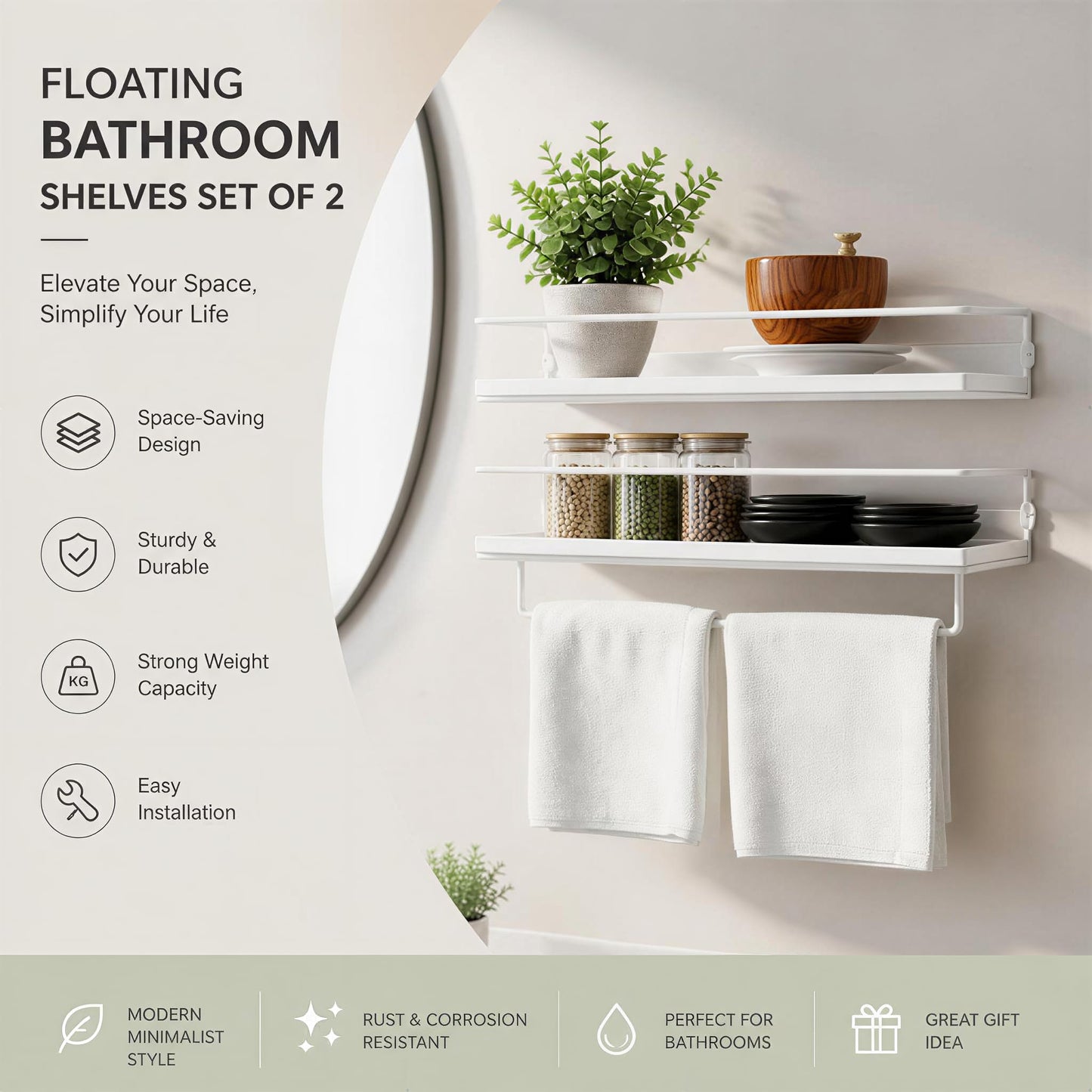 Floating Bathroom Shelves Set of 2 Wall Mounted Shelf with Black Metal Frame and Towel Rack for Bathroom Over Toilet Storage and Organizers for Bedroom Living Room Kitchen Office (White)