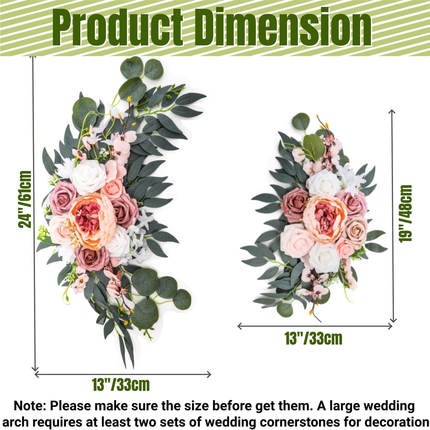 Noamus 2 Pack Wedding Arch Flowers, Artificial Corner Floral Swag, Wedding Arrangements Decor for DIY Ceremony Reception, Sweetheart Table Chair Backdrop, Welcome Sign Banquet Party(Pink-White)