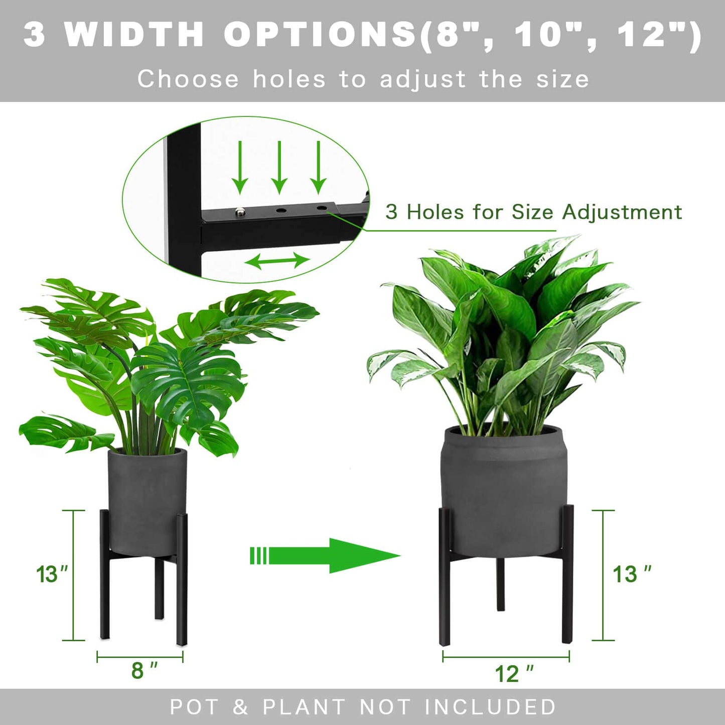 IZIDDO 2 Pack Adjustable Plant Stand, Metal Planter Stands Indoor Outdoor, Mid Century Modern Plant Holder, Fit 8 10 12 inch Pots, Black (Pot & Plant Not Included)