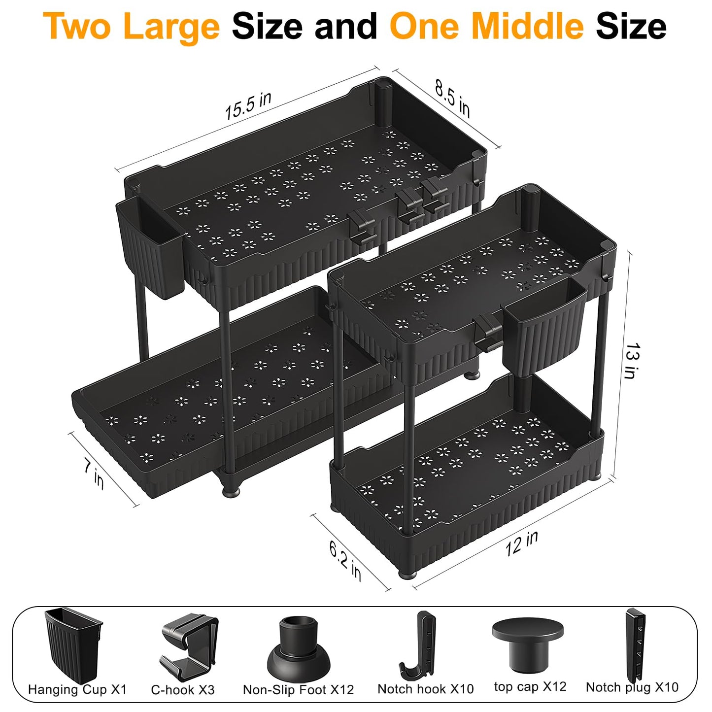 Sevenblue Under Sink Organizer 3 Pack, Bathroom Organizers, 2 Tier Multi-Use kitchen Organizers and Storage with Sliding Drawer, Hang Hooks and Cups, (Black)