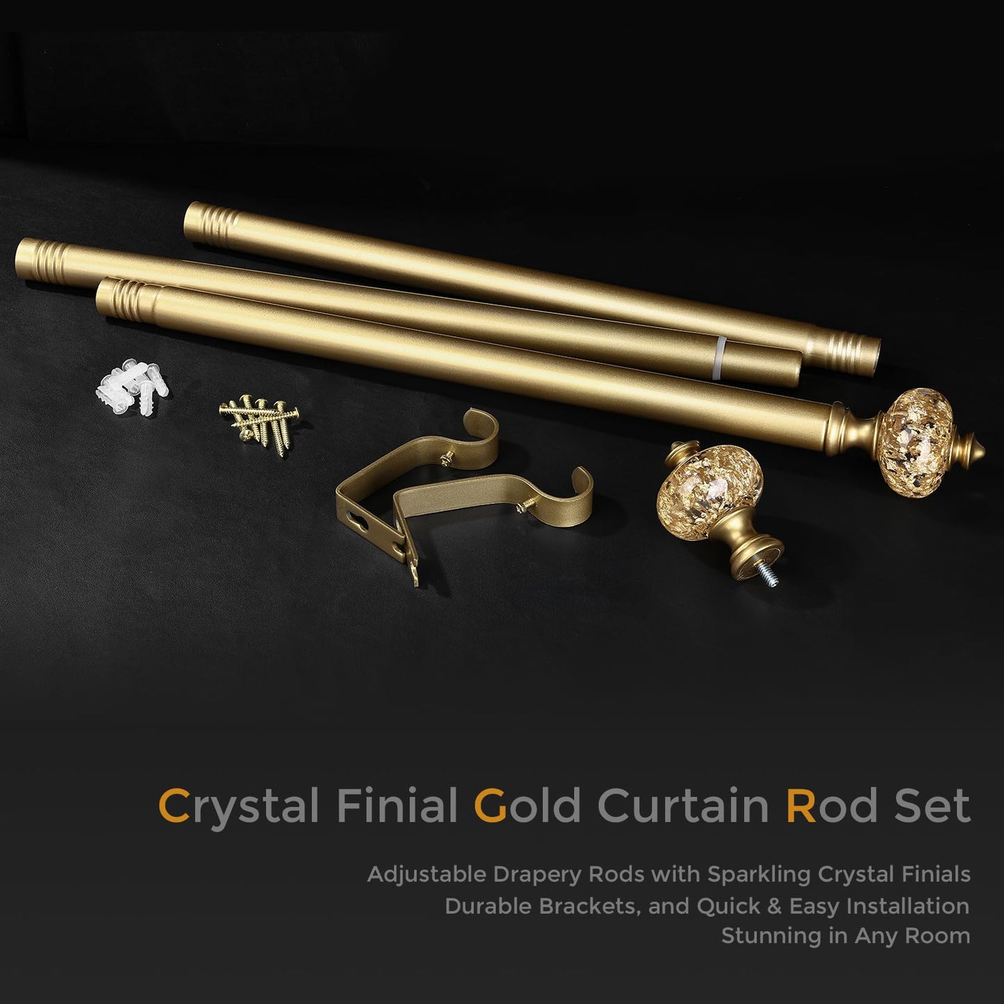 2 Pack Gold Curtain Rod for Windows 28 to 48 Inches, 1'' Heavy Duty Adjustable Modern Drapery Rods with Unique Crystal Finials, Luxury Decorative Curtain Rods, Size: 30-60''