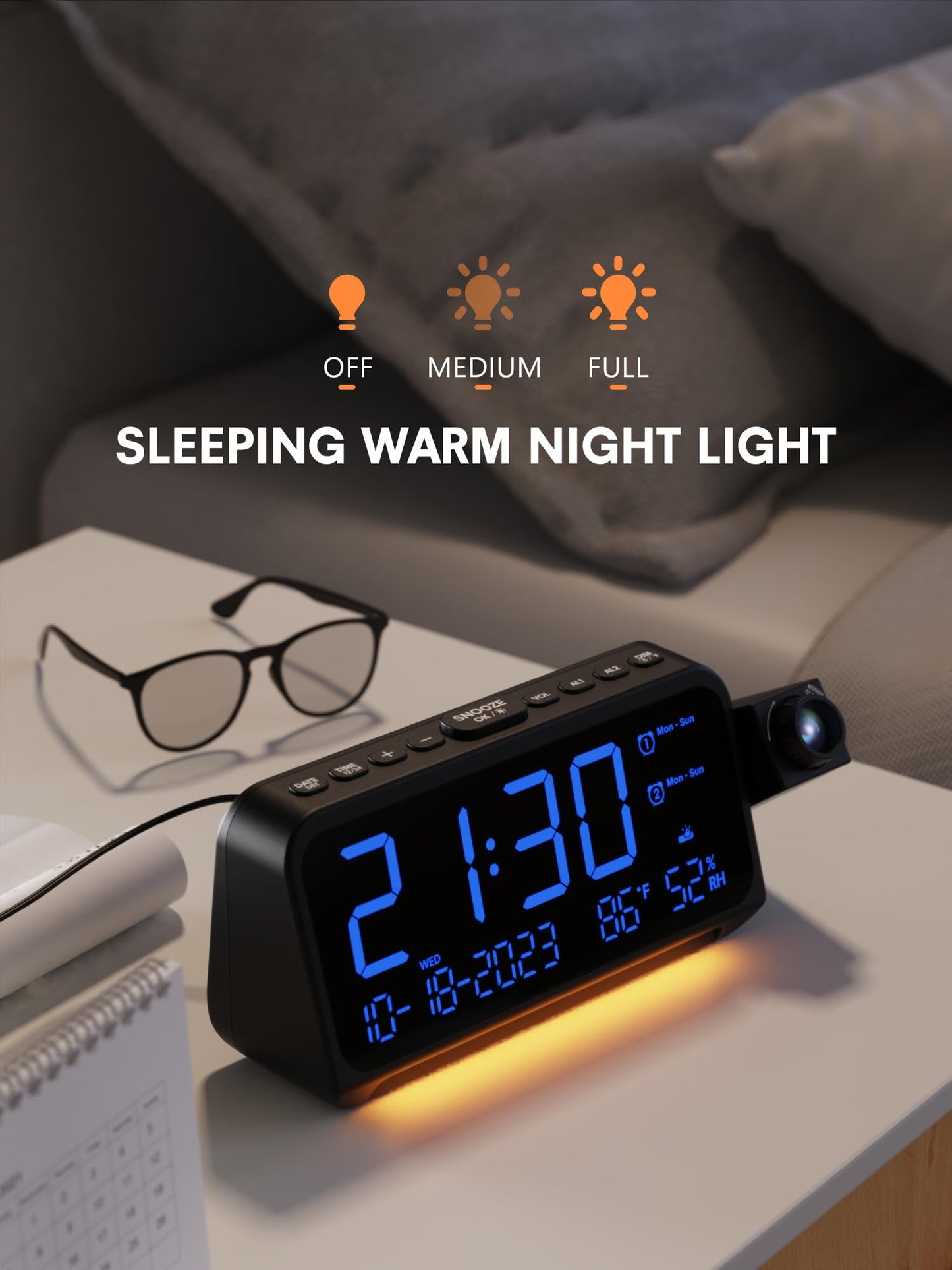 350° Rotatable Projection Alarm Clock, Dual Alarm and Nightlight, Adjustable Brightness and Volume, USB-A & Type-C Charging, 9mins Snooze,12/24H/DST, Digital Calendar Clocks for Bedrooms