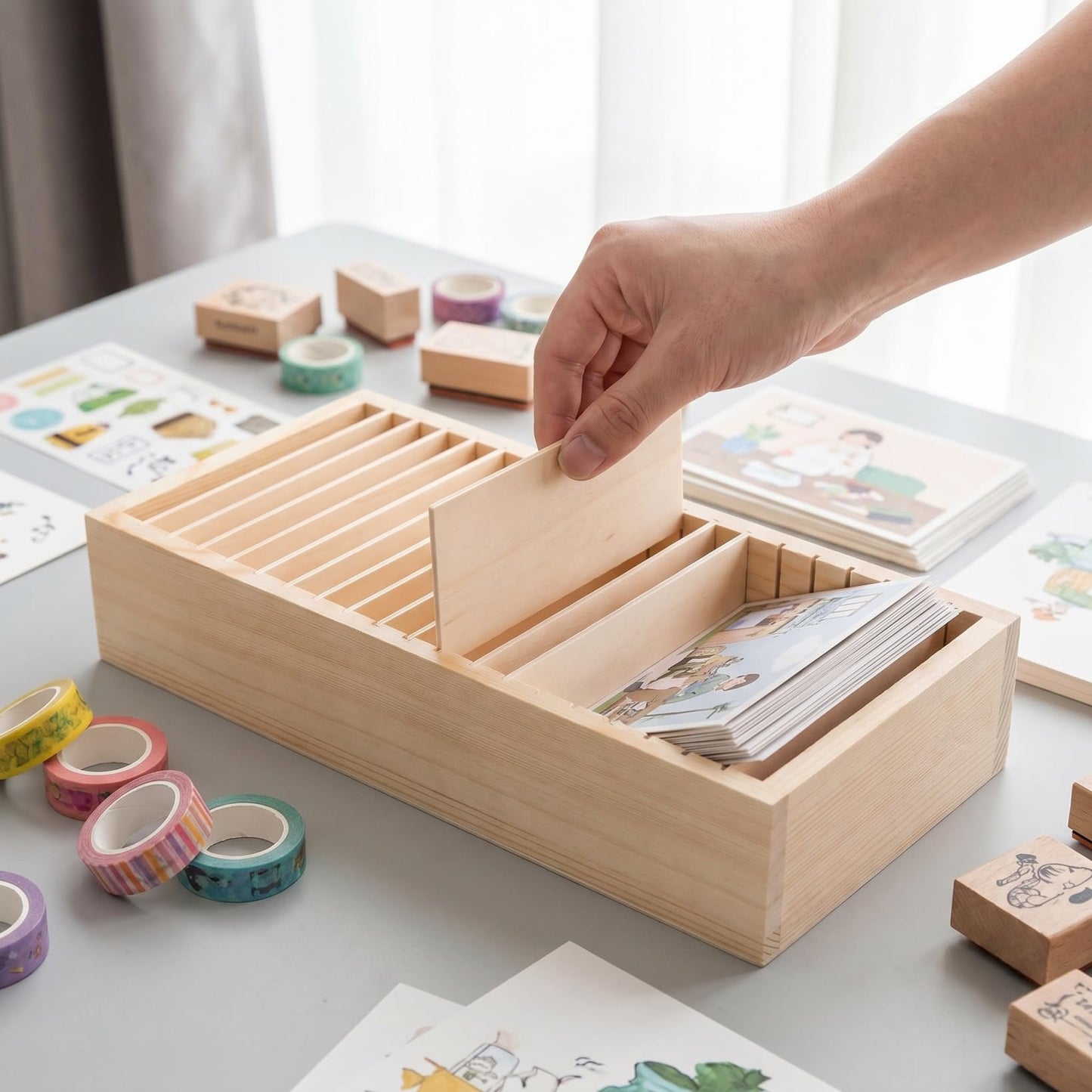 NUOBESTY Wooden Name Badge Holders Id Badge Tray Organizer Business Letter Card Storage Box with Dividers Desktop Multi-Compartment Cellphone Jail 12.59*5.51 Inch