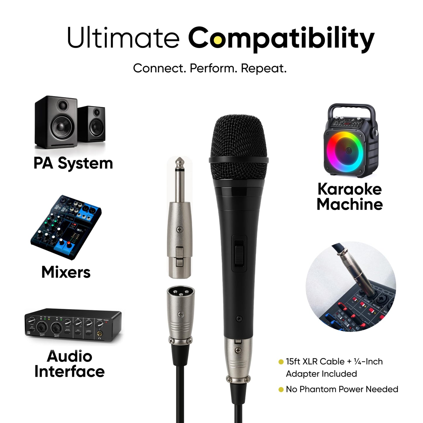 Bowens Dynamic Microphone – Wired Handheld XLR Mic with 15ft Cable, Professional Vocal Microphone for Singing, Karaoke, Podcasting, PA Systems, and Studio Recording Microfono
