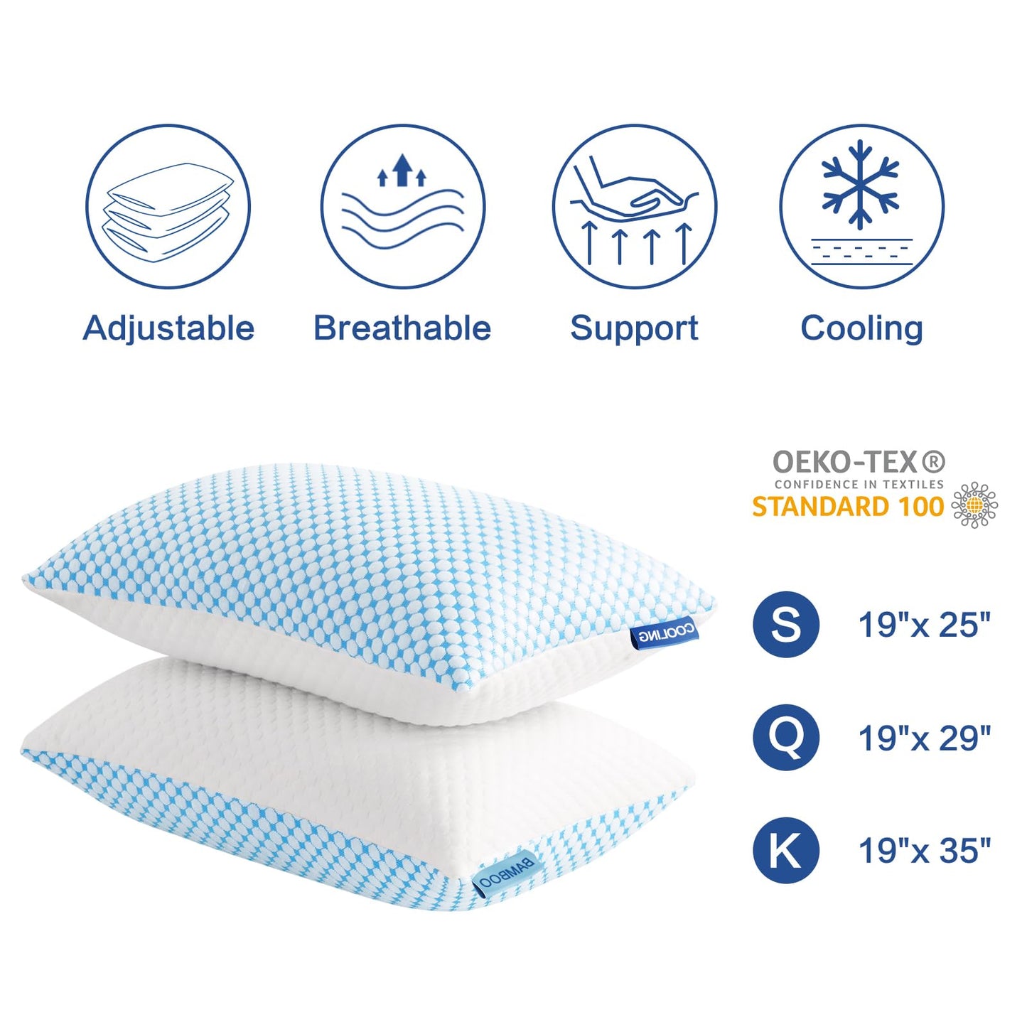 EASELAND Firm Pillow Shredded Memory Foam(Adjustable Loft), Breathable Cooling Bed Pillows Supportive for Side Back Stomach Sleepers Queen Size 2 Pack Blue and White