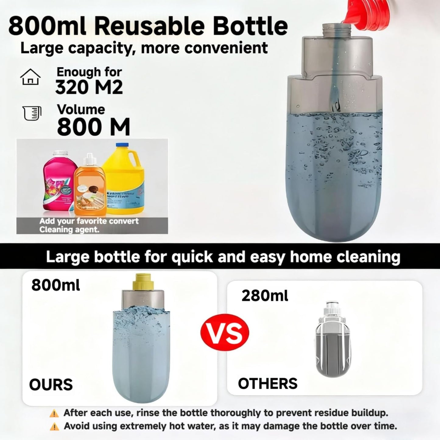 Qinsunny Washable Spray Mop for Floor Cleaning, Wet and Dry Microfiber Mop with 3 Reusable Pads & 800ml Refillable Bottle, Self-Cleaning Base for Hardwood, Laminate, Tile Floors