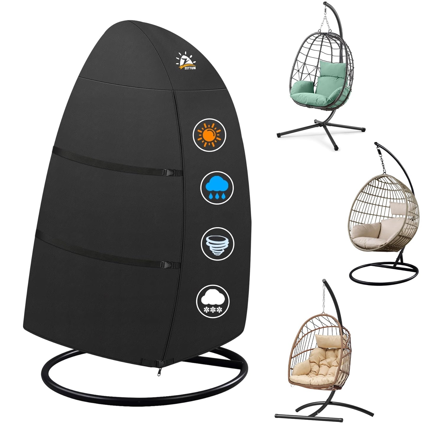 Zettum Egg Chair Cover, Single Seat Hanging Egg Chair Cover, Waterproof Outdoor Hanging Chair Cover, 600D Heavy Duty Cover for Patio Wicker Swing Egg Chair, 45 x 33 x 68 Inch