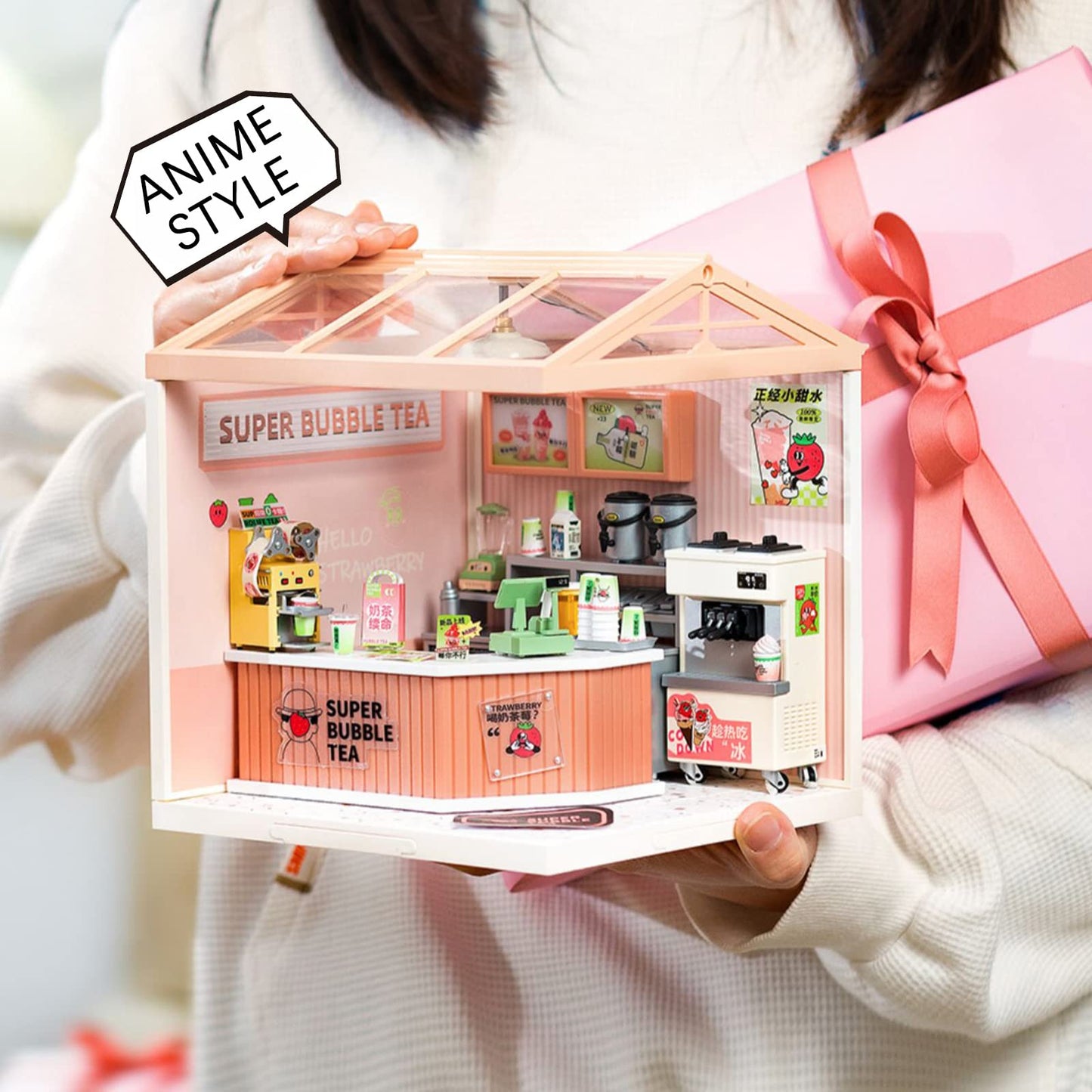 Rolife LED Building Blocks for Adults,1:24 Toy Building Sets,Model Building Kits for Kids Ages 8-12-15,DIY Miniature Dollhouse Kits for Adults,Hobbies for Women Men (4.Double Joy Bubble Tea)