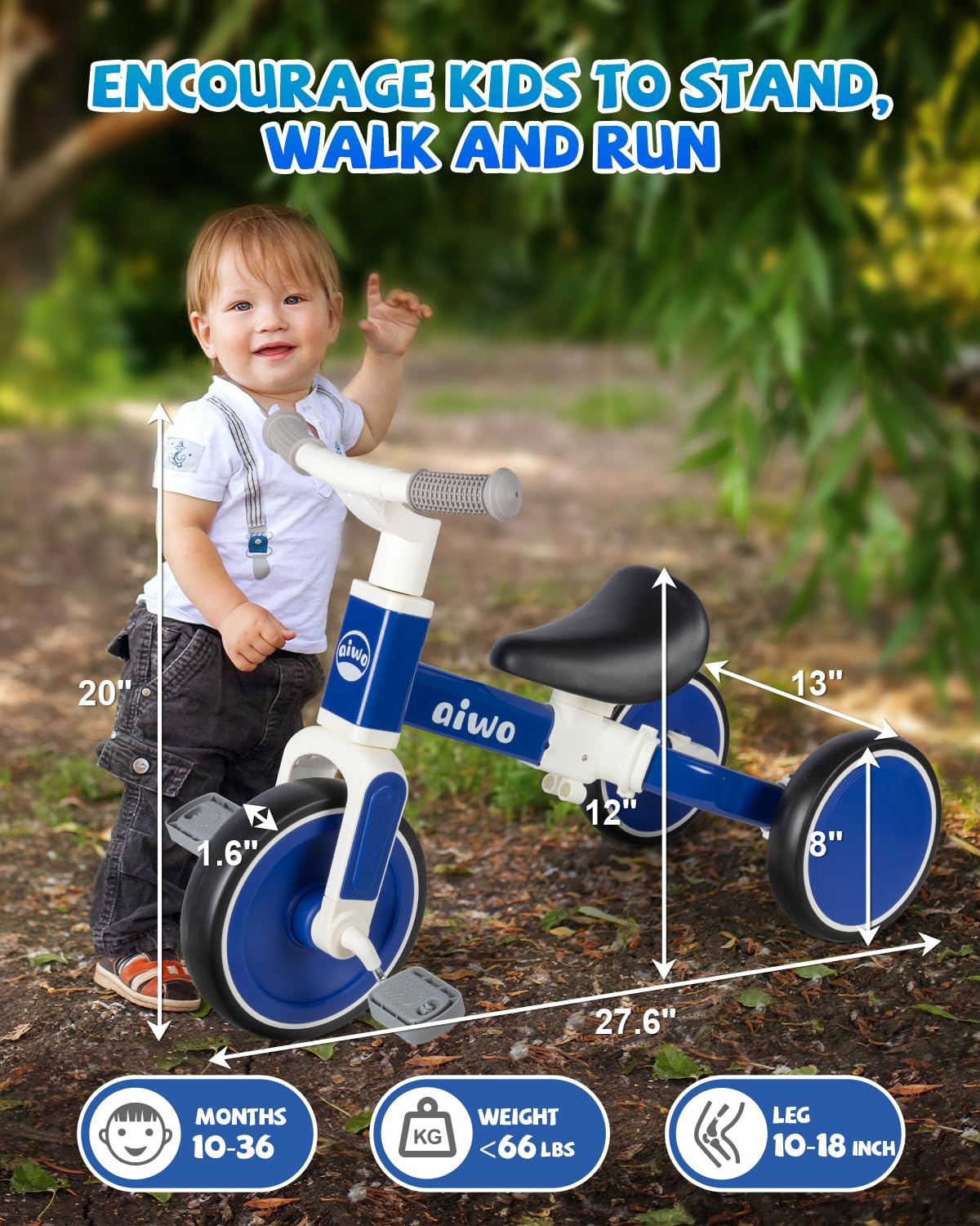aiwo 4in1 Tricycle for Toddlers 1-3, Toddler Balance Bike for 1 to 4 Year Old Boys Girls First Gift, Ride-on Toys Toddler Bike Kids Tricycle