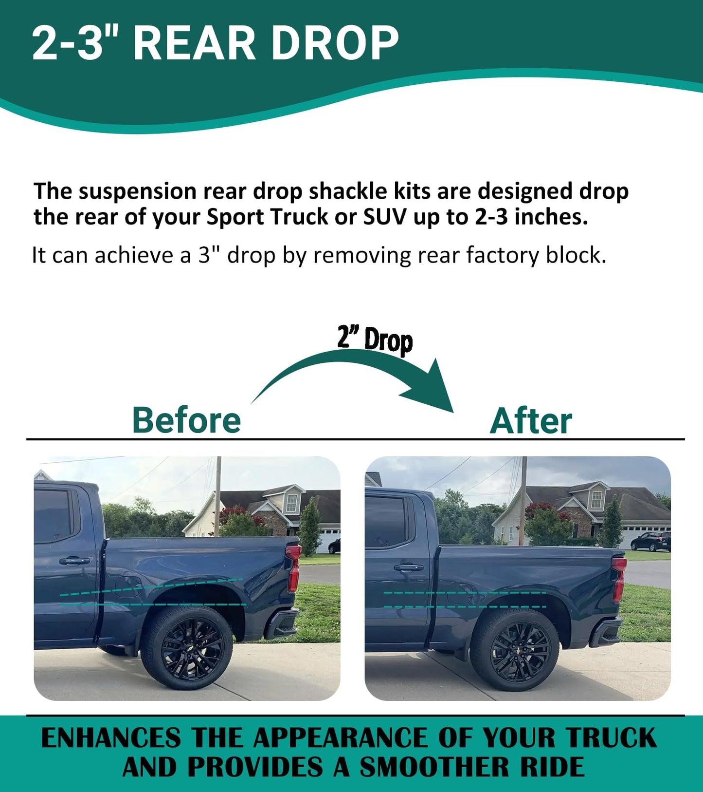 Camoo 2-3" Suspension Rear Drop Lowering Shackles kit Leaf Spring Drop Shackle Kit 6400 Compatible with Chevy Silverado GMC Sierra 1500 C1500 K1500 Dodge Ram Replaces # 6400 410520