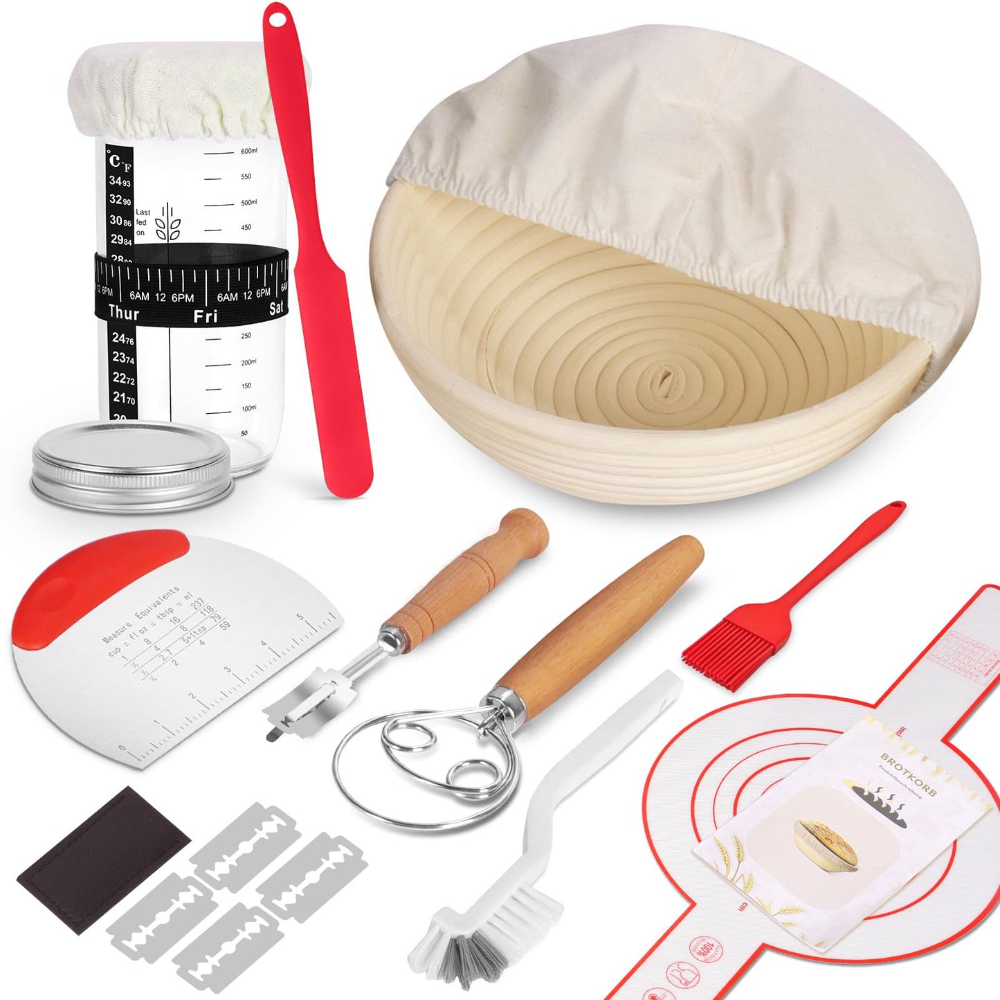 SHANNA Sourdough Starter Kit, Banneton Proofing Basket, 9pcs Sourdough Bread Starter Kit, sourdough tools with Sourdough Jar, Dough Whisk, Bread Lame, Scraper, Sling