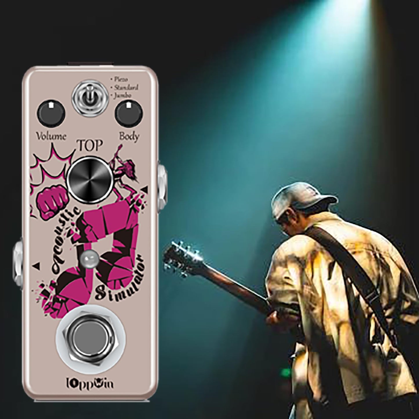 IOppWin Acoustic Guitar Simulator Pedal - Electric-to-Acoustic Conversion, 3 Cabinet Modes (Piezo/Standard/Jumbo), Metal Housing, True Bypass