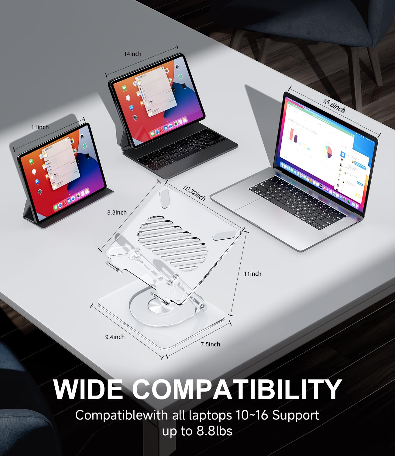 MCHOSE Acrylic Laptop Stand for Desk with 360 Rotating Base Ergonimic Foldable Clear Laptop Riser Compatible with MacBook Pro/Air Notebook up to 16 Inches, Ultra Thick Acrylic Transparent