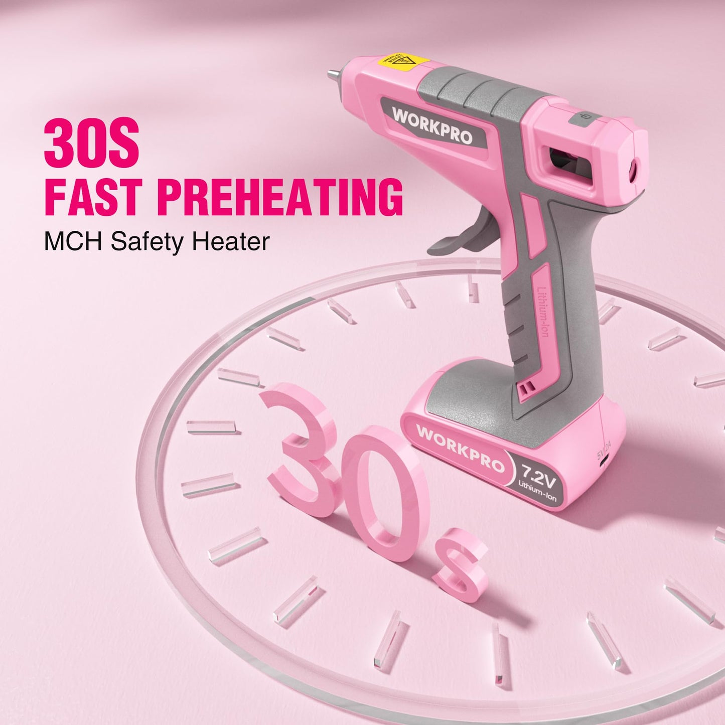 WORKPRO Pink Cordless Hot Melt Glue Gun, 7.2V Rechargeable Fast Preheating Glue Gun Kit with 20 Pcs Premium Mini Glue Stick, Use While Charging, Automatic-Power-Off Glue Gun for Art, Craft, Decoration