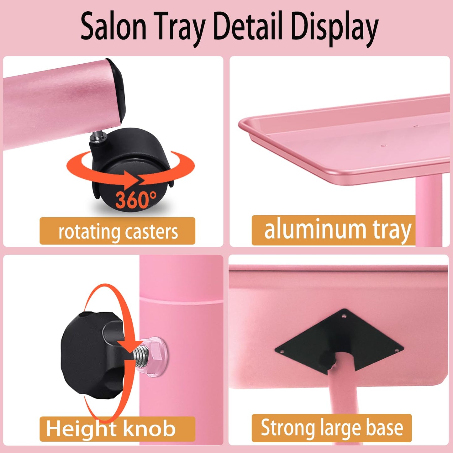 Niuadage Pink Salon Tray on Wheels, Height Adjustable 28-44 Inches, Aluminum, Hair Stylist & Color Tray, Dental & Tattoo Tray