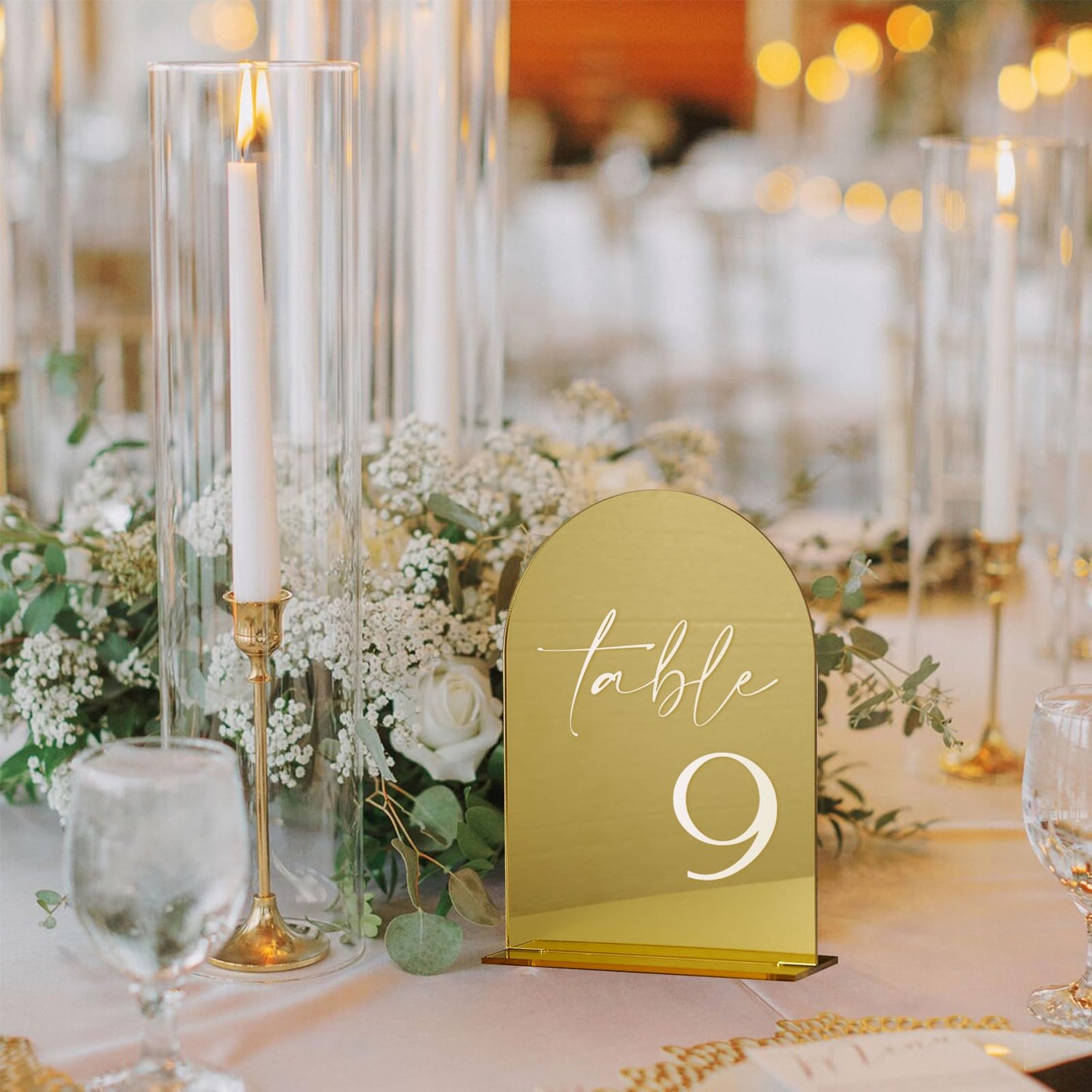 HOODO Gold Mirror Acrylic Wedding Table Numbers 1-30 with Stands, 5"x7" Arched Acrylic Signs and Holders, Modern Luxury Style