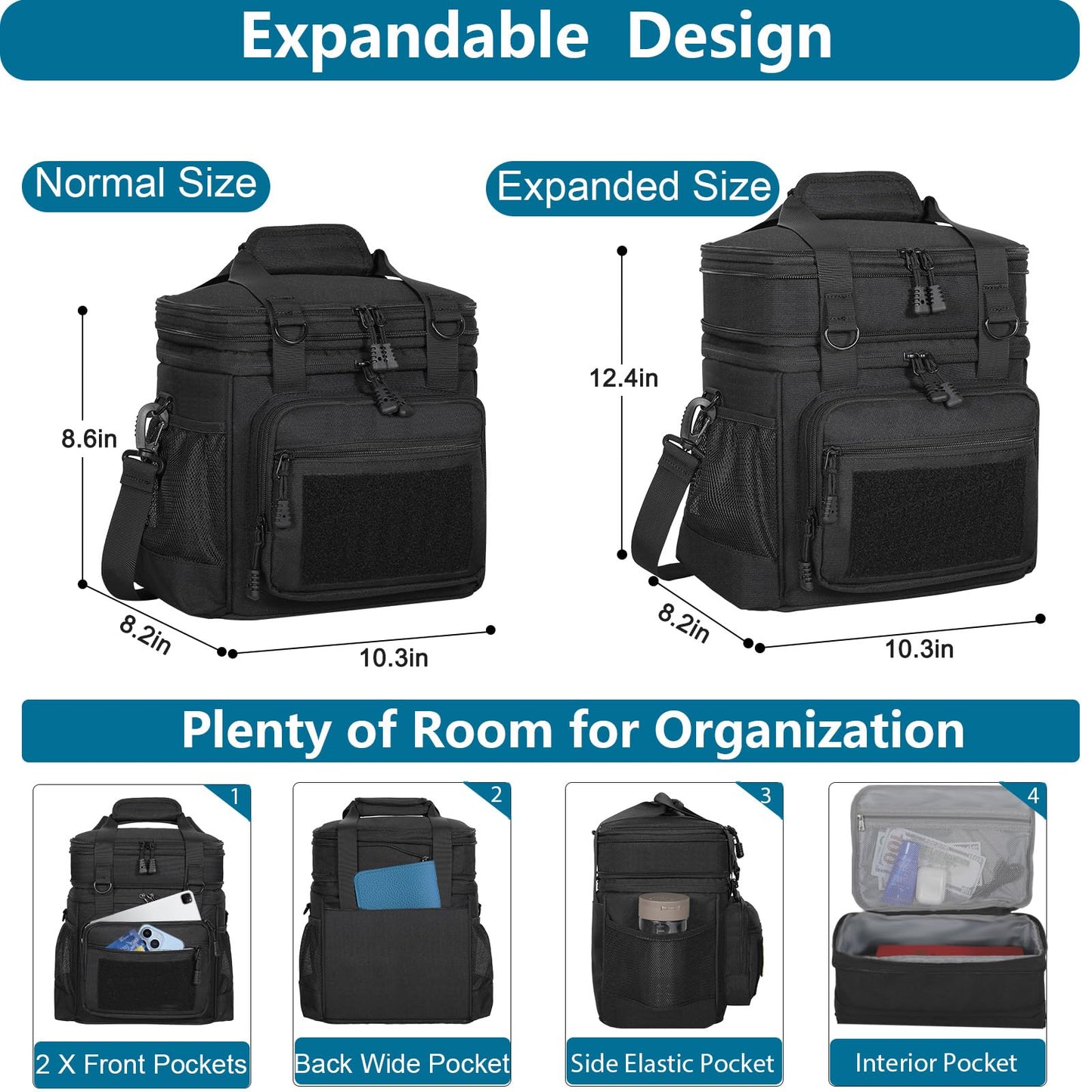 Tactical Lunch Box Cooler Bag - Expandable Insulated Lunch Bag for Men Daily - Large Lunchbox for Adults Work Shifts Outdoor Trips Black 16L