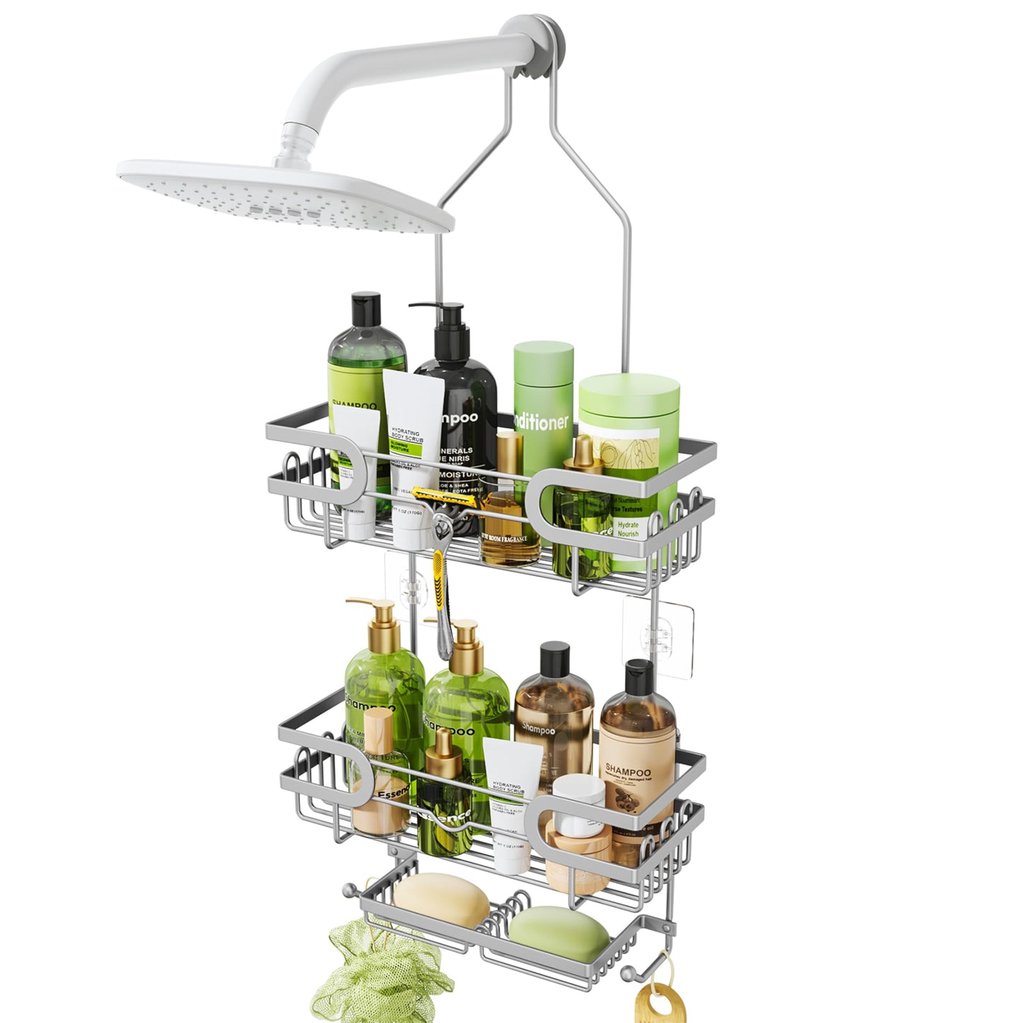 HapiRm Shower Caddy Hanging - 3 Tier Over Head Shower Caddy No Drilling, Bathroom Organizers with 2 Soap Holder & 12 Hooks, Bathroom Shelf Organizer for Shampoo, Soap, 12.6 x 4.7 x 28in
