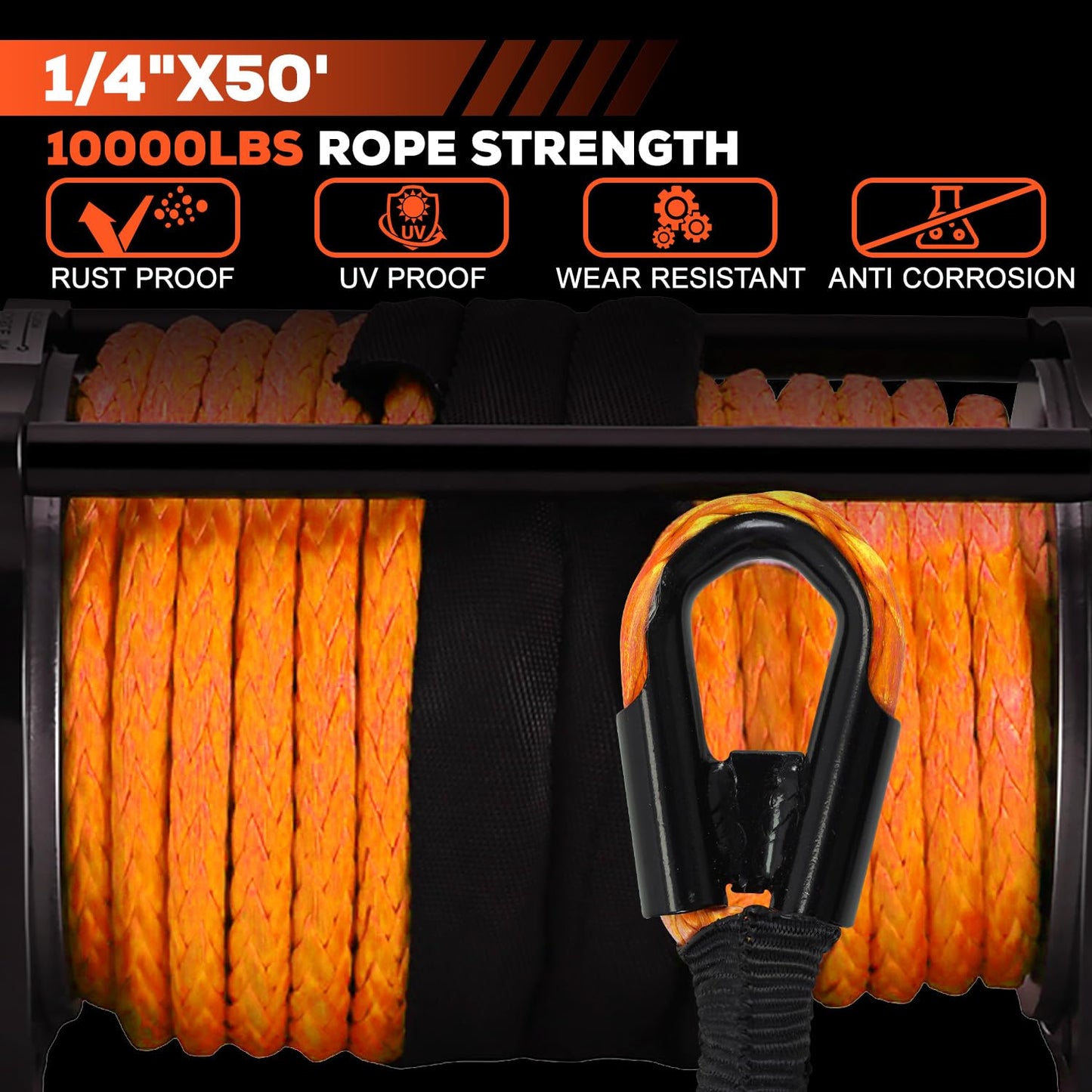 YUNPEAK Synthetic Winch Rope Kit, 1/4" x50 ft 10000LBS Winch Cable Replace Kit, with Protective Sleeve, Heavy Duty Hook, Rubber Stopper, Safety Pull Strap for Off-Road 4x4 Vehicles ATV UTV(Orange)