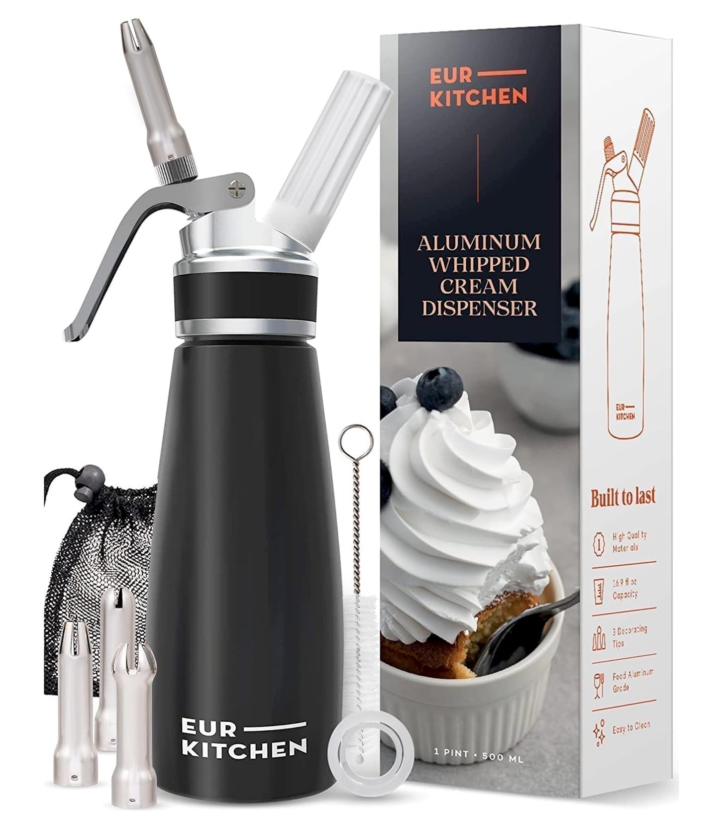 EurKitchen Professional Aluminum Whipped Cream Dispenser - Leak-Free Whip Cream Maker Canister with 3 Decorating Nozzles & Cleaning Brush - 1-Pint / 500 mL Whipper - N2O Chargers (Not Included)