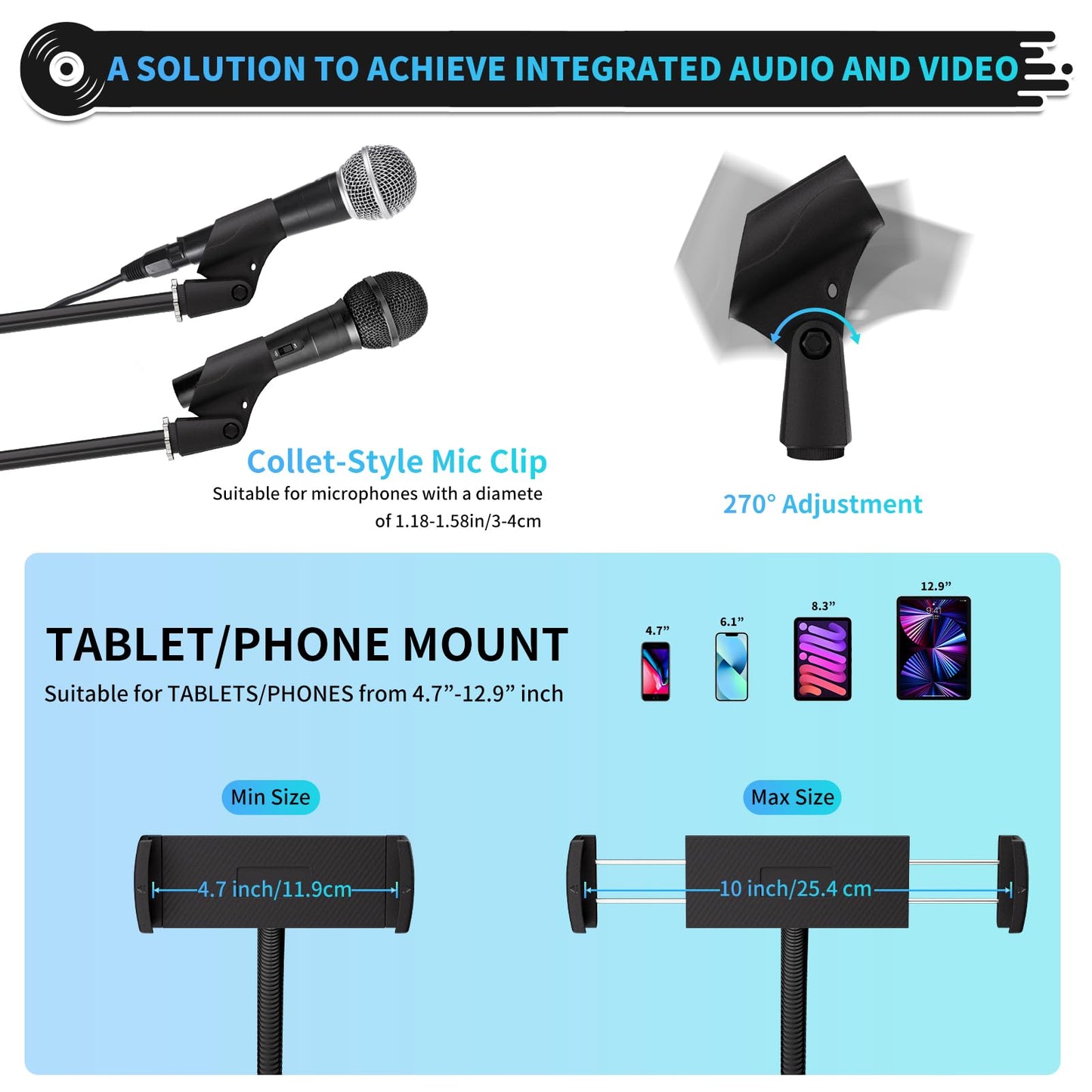 K KASONIC Professional Microphone Stand, 6-in-1 Gooseneck Mic Stand with Tablet/Phone Holder, Tripod Boom Arm for Floor, Adjustable Height and Angle, DJ Mic Stand with Carrying Bag and Clamps