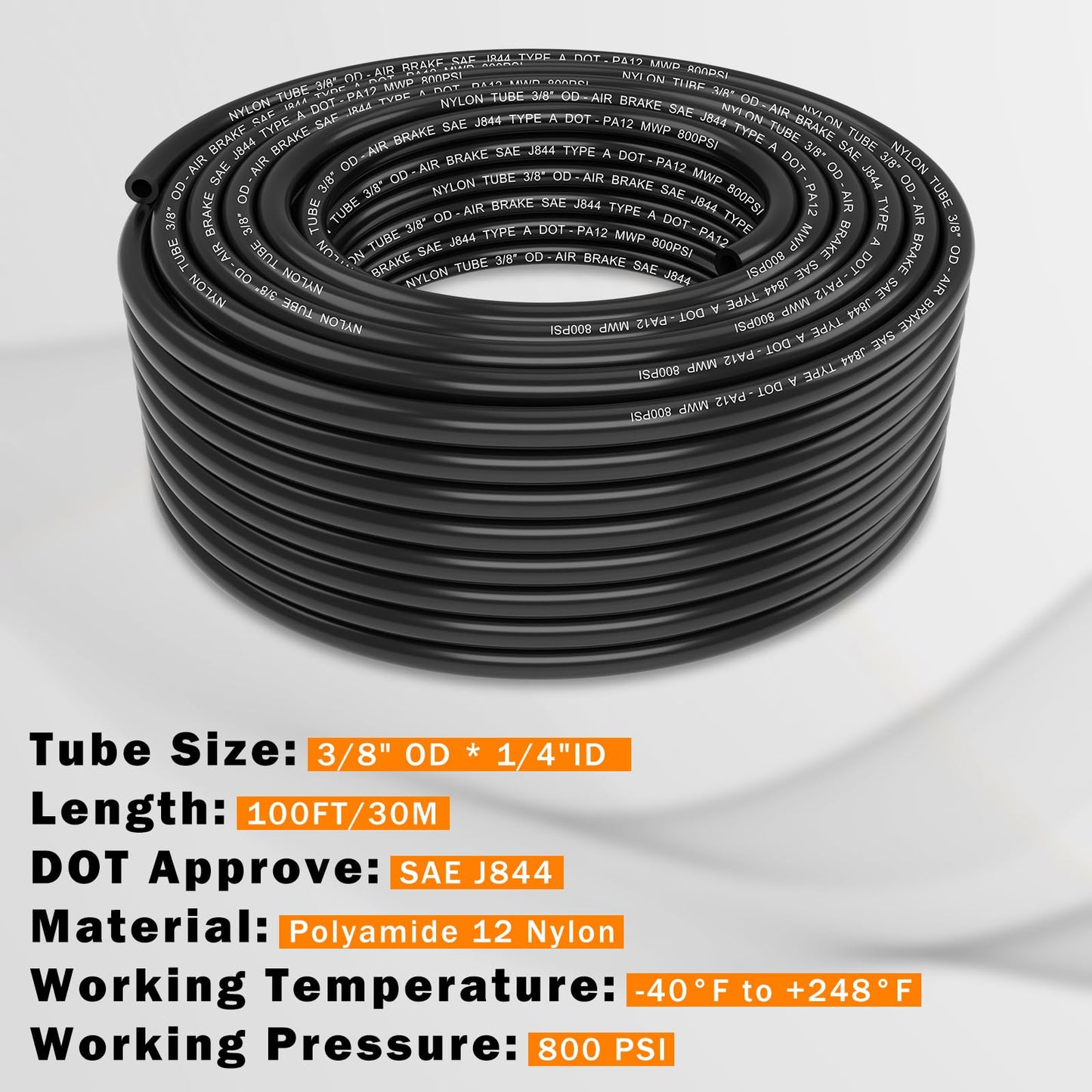 CheeMuii 100 FT 3/8" PA12 Nylon DOT Air Line SAE J844 DOT Air Hose 30.5 Meter 3/8 Inch OD Pneumatic Air Tubing Pipe Hose Line