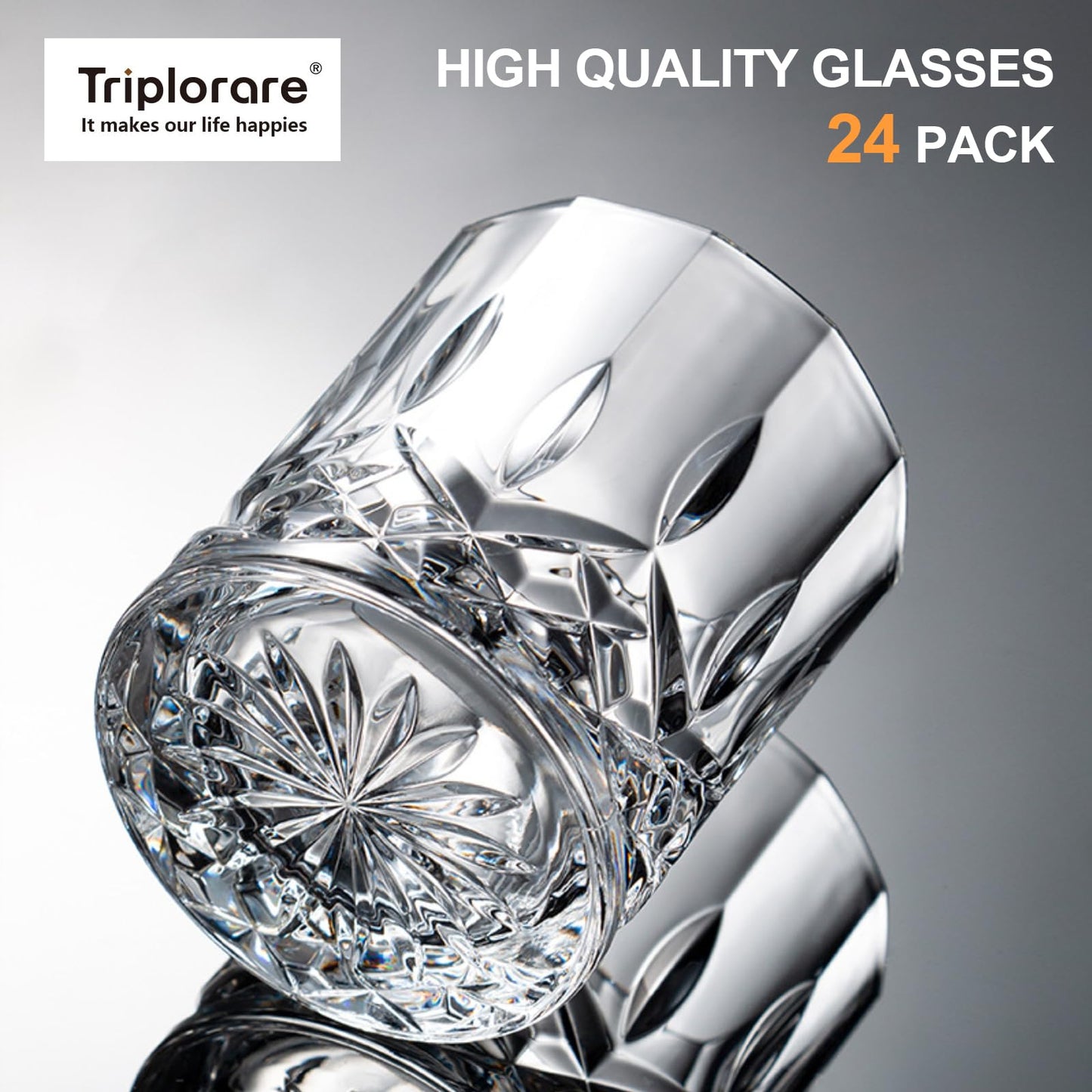 Triplorare Whiskey Glasses - Premium Set of 24 Elegant and Clear Tumbler Glasses for Whisky, Scotch, and Bourbon - Barware Glassware