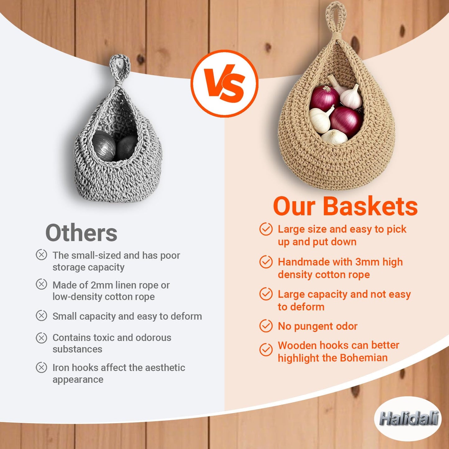 Halidali Hanging Fruit Baskets for Kitchen, 3 Pack Boho Cotton Rope Handwoven Vegetable Storage Wall Mounted Large Organizing Basket for Farmhouse Decor, Onion, Potato, Garlic and Plants