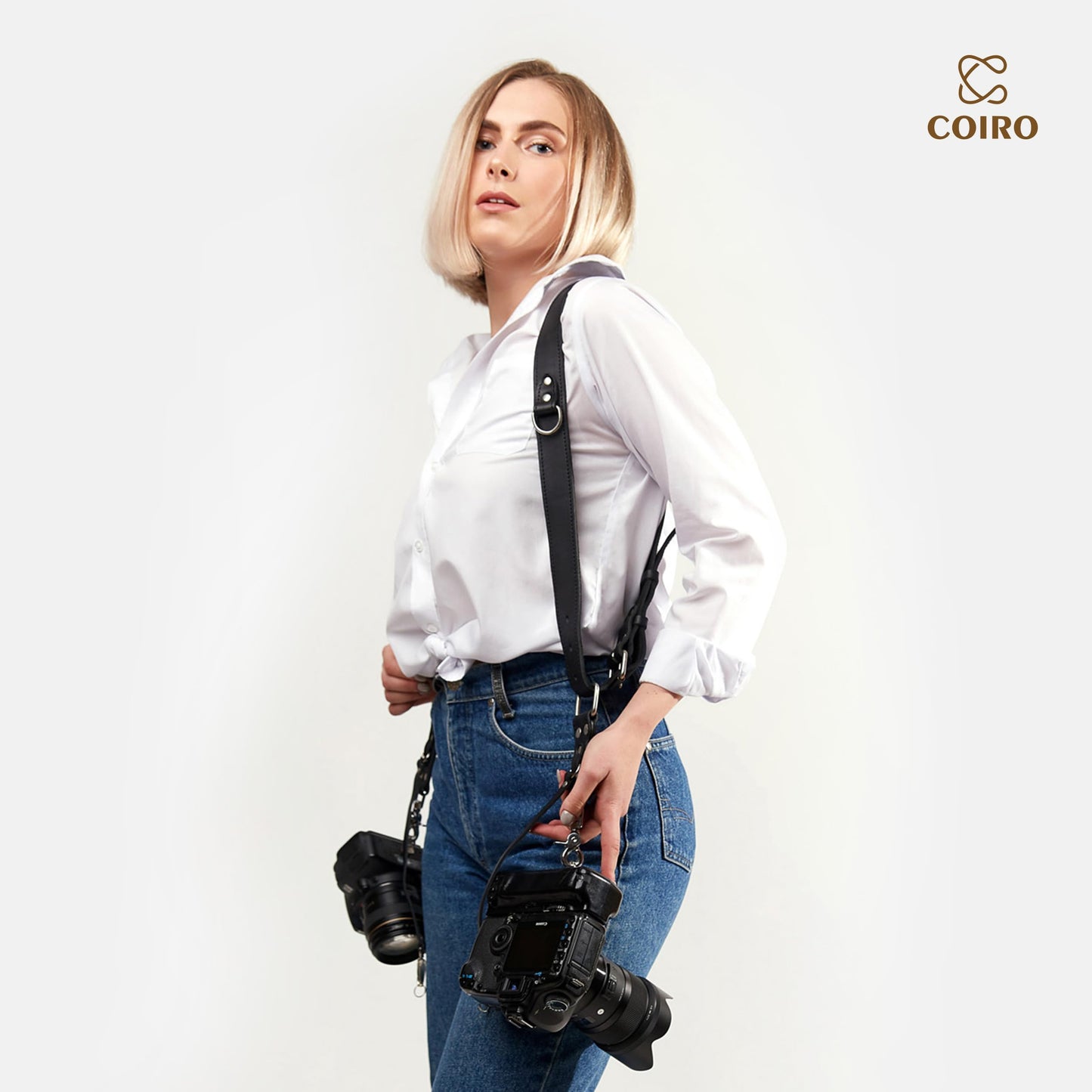 Camera Strap Accessories for Two-Cameras – Dual Shoulder Leather Harness – Multi Camera Gear for DSLR/SLR Black