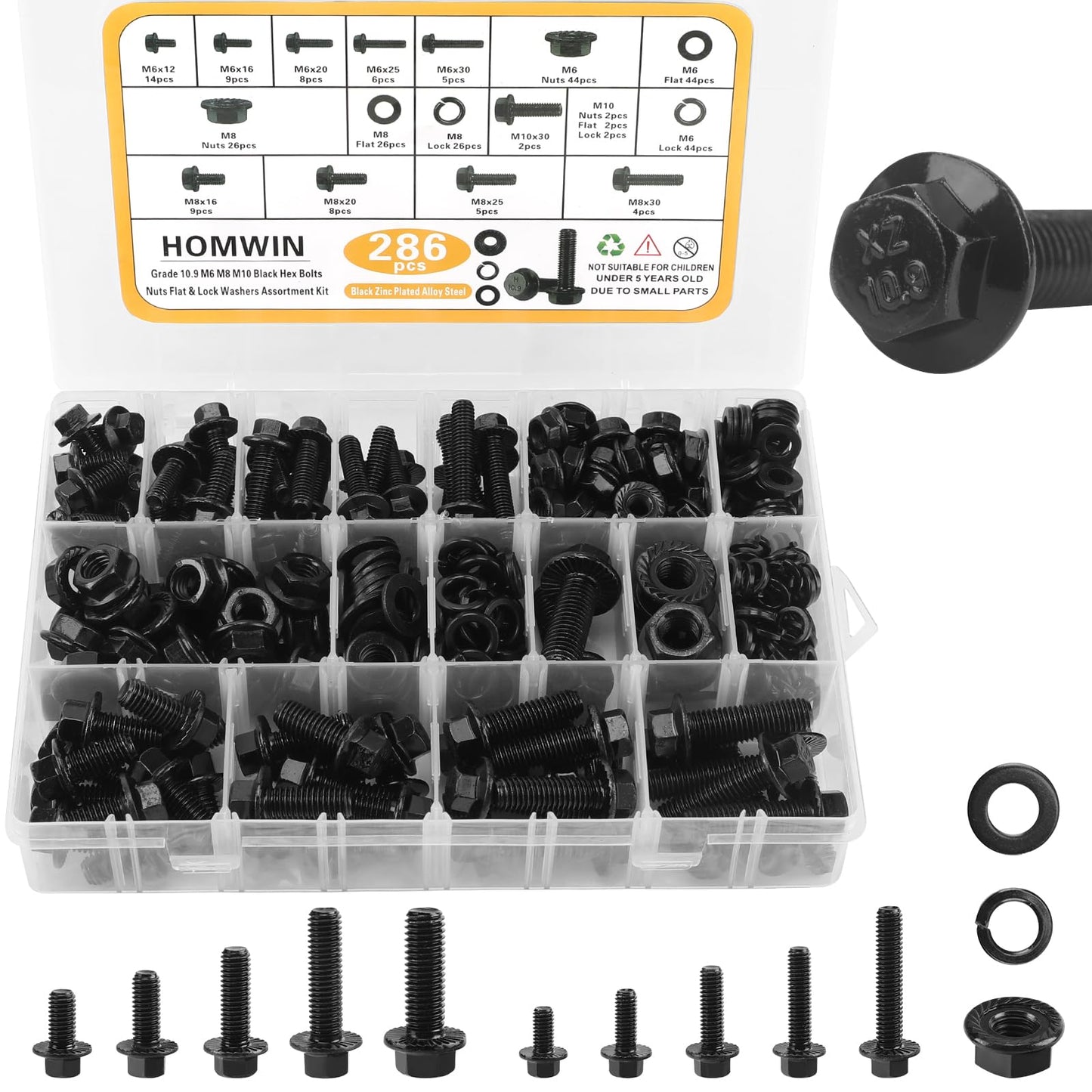 Homwin 286Pcs Flange Metric Bolt Assortment, M6-1.0, M8-1.25, M10-1.5 (12mm to 30mm) Assorted Metric Bolts and Nuts Kit, Zinc Galvanized Black
